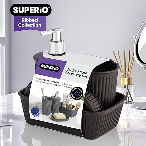 Miniatura 10 de Superio Ribbed Collection - Juego de accesorios de baño de plástico decorativos ecológicos (juego de 4) jabonera, dispensador de líquidos, taza para