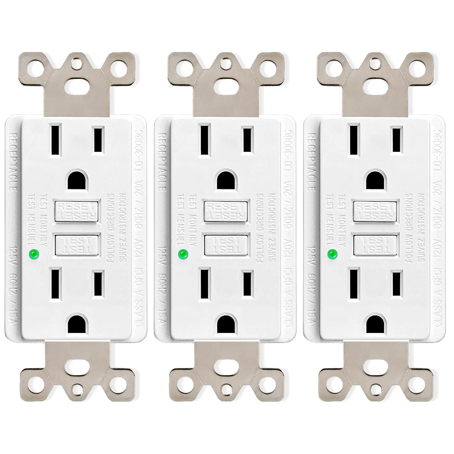 3 Pack 15A GFCI Outlet, Non-Tamper-Resistant GFI Duplex Receptacle with LED Indicator, Ground Fault Circuit Interrupter with Wall Plate Electrical Outlet Protecting Home Appliances, ETL UL Listed