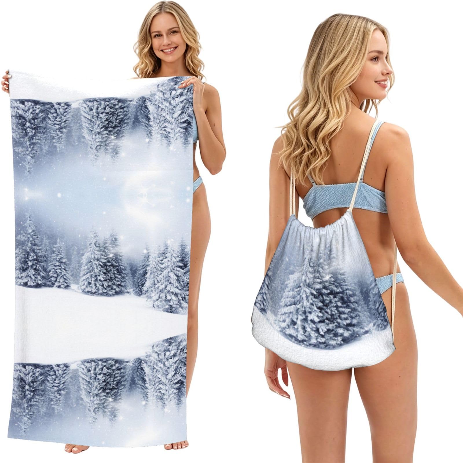 ESNAIUVCD Christmas Snow Tree Print Beach Towel For Adults,Towel With Drawstring Bag, Travel Pool Swimming Sports Shower Sand Free Quick Dry Bath Towel For Pool, Beach, Yoga- 180x60cm
