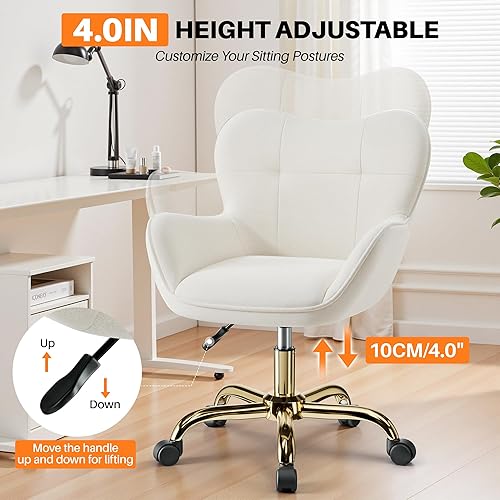 Miniatura 6 de Silla de tocador con ruedas, bonitas sillas de escritorio de altura ajustable para dormitorio, silla de maquillaje moderna con respaldo (blanco)