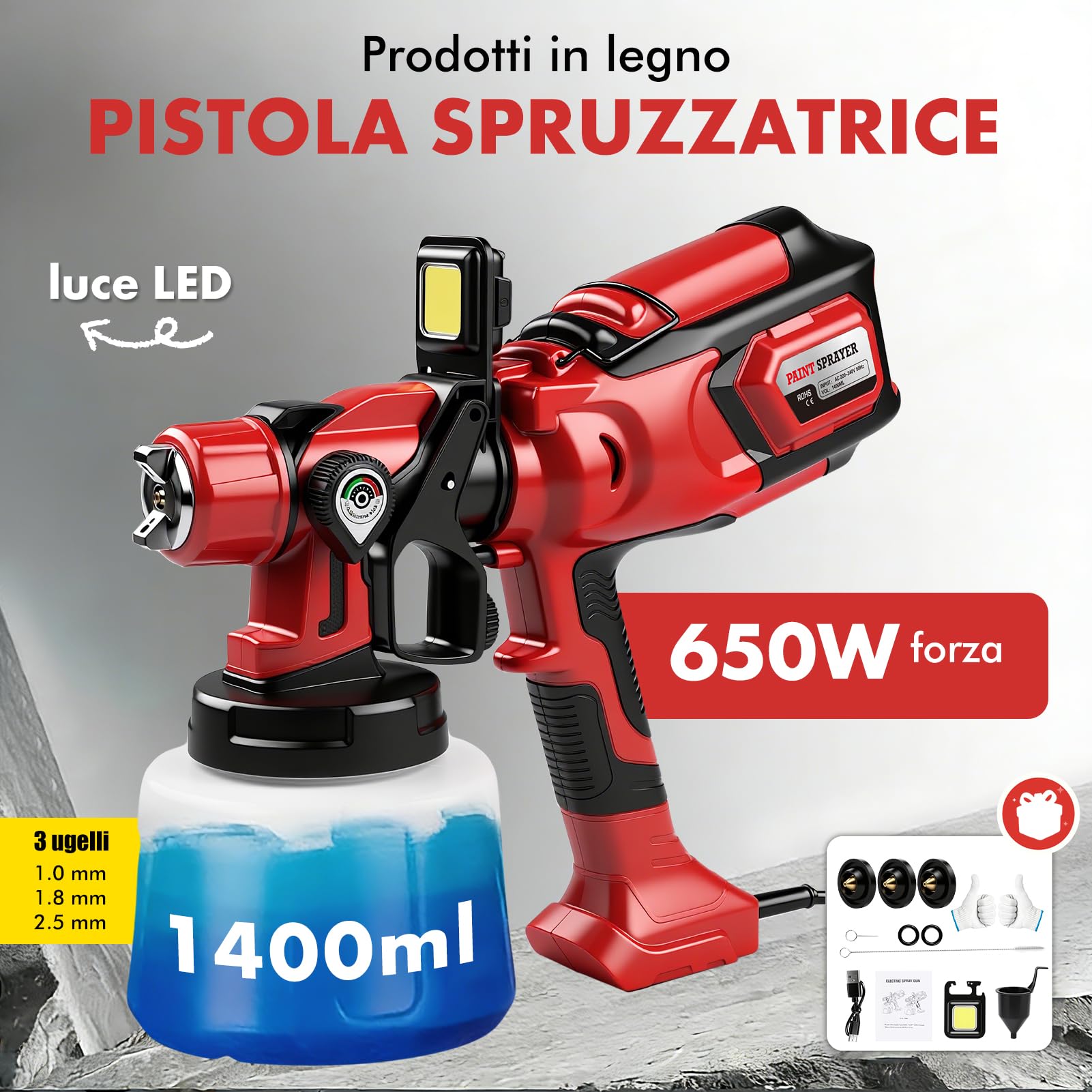 Sistema a spruzzo elettrico per vernice, 650 W, 1400 ml, pistola a spruzzo elettrica con 3 ugelli (1/1,8/2,5 mm), 3 modelli di spruzzo per pittura da parete, mobili, recinzioni