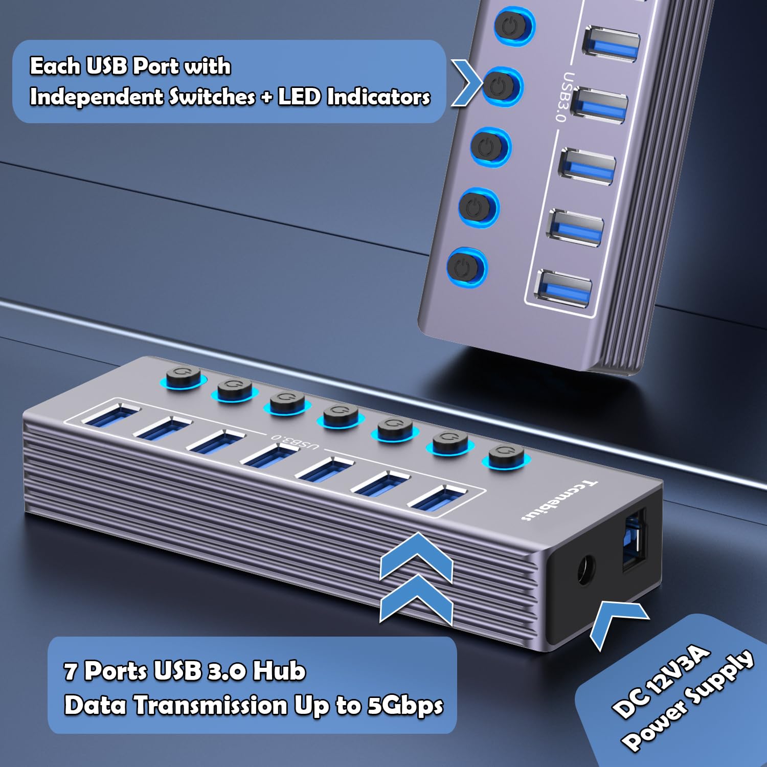 Aktywny Koncentrator USB, Aluminiowy 7-Portowy USB 3.0 Hub Transferu 5Gbps z Indywidualnym Przełącznikiem LED, Zasilaczem 36W(12V/3A), 100CM 2-w-1 (USB A/C) Transmisji Danych (TCC-T307U)