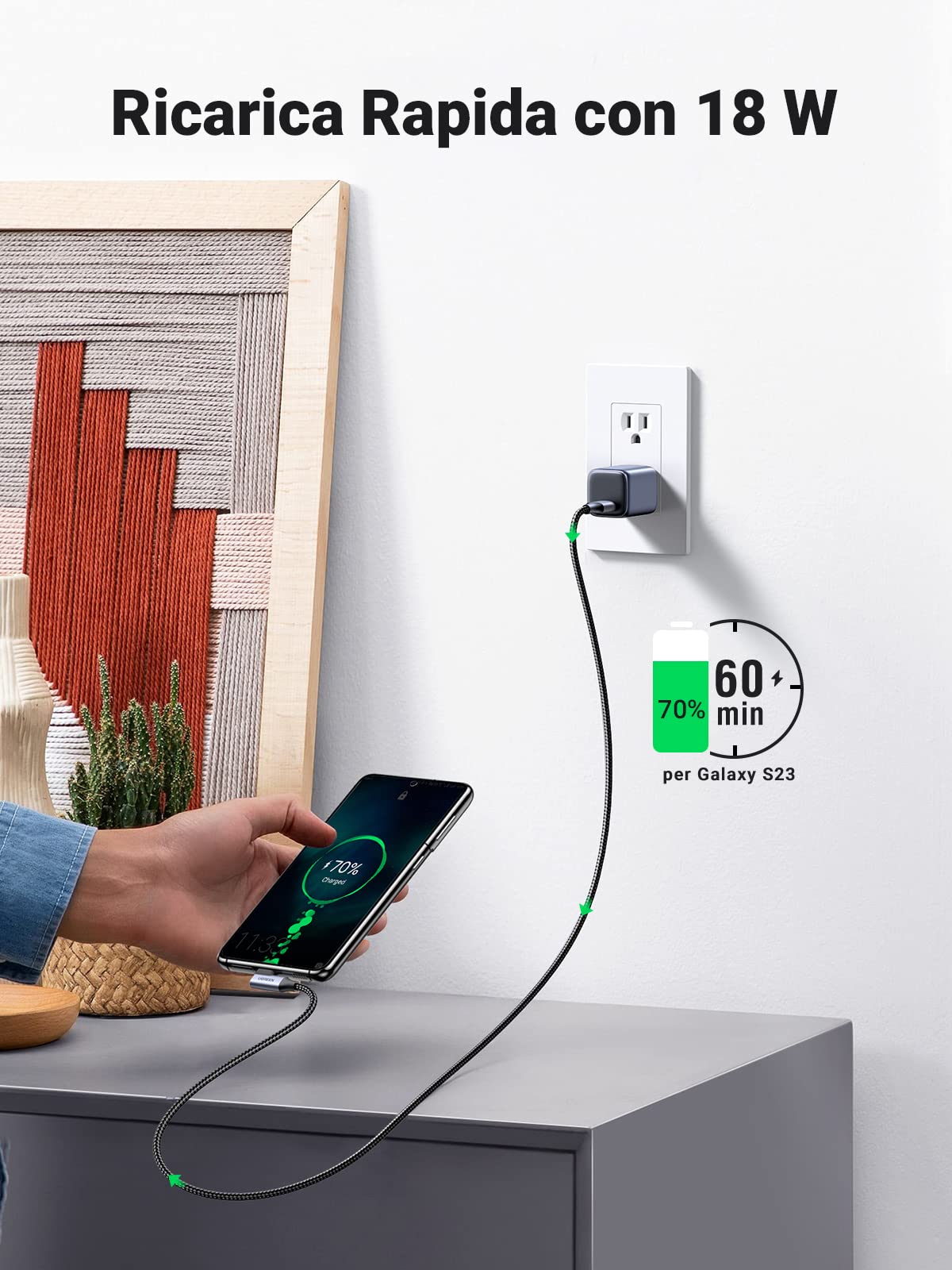 UGREEN Cavo USB C a A 3.0 5Gbps in Nylon, Cable Tipo C 90 Gradi 3A Compatibile con iPhone 16/15 Plus Pro Max, Galaxy S24 S23 S22 A53 A33, Pixel 9/8, ecc. 1M