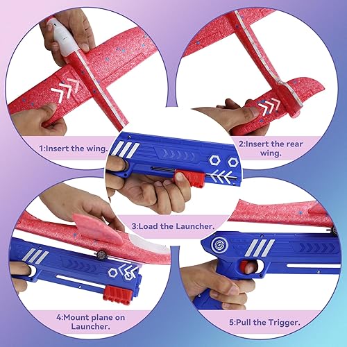 Miniatura 6 de Paquete de 3 juguetes de lanzamiento de aviones con luz LED, catapulta de espuma planeador de juguetes con 3 calcomanías de bricolaje, 2 modos de