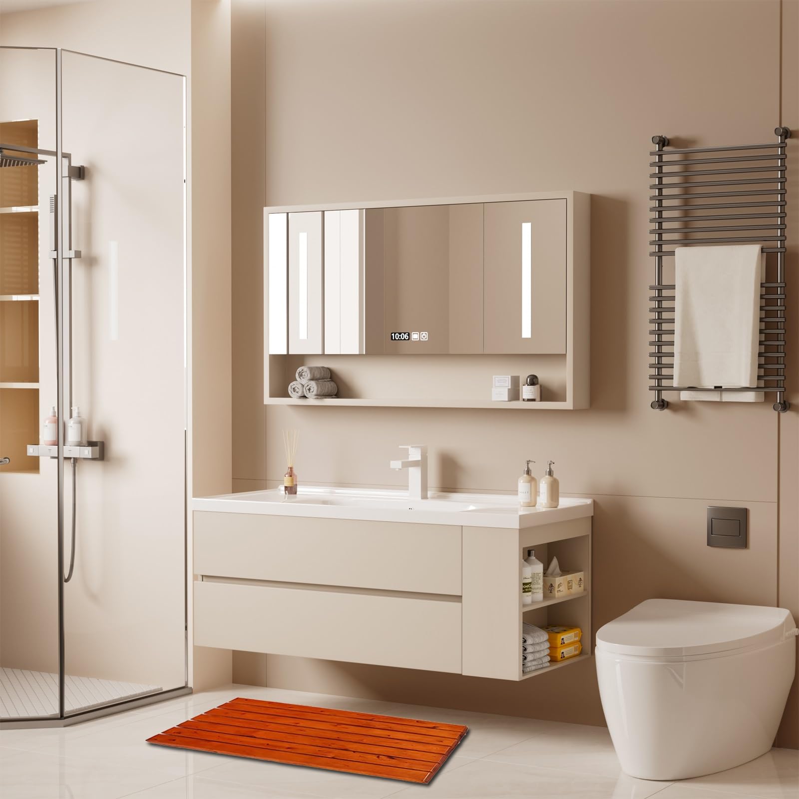 Pedana Doccia in Legno ，Wood Interno/Esterno, con Piedini Antiscivolo， Tappetino Doccia in bambù，pedana Legno Doccia,per Bagno, Doccia Esterna, Sauna, Spa, Cucina(Maroon,W40xL40cm/W16xL16in)
