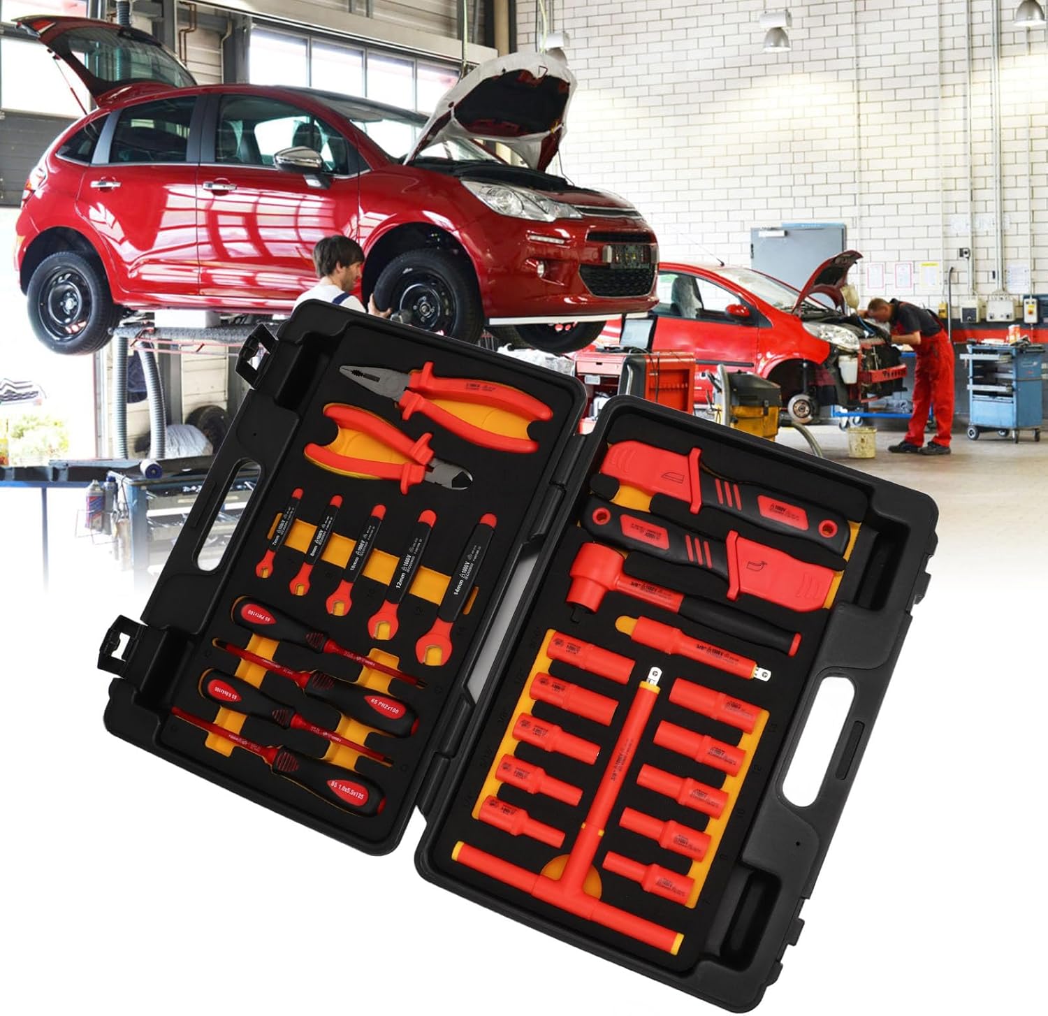 26-Piece 1000V Insulated Socket Set with 3/8 Inch Drive Ratchet and Precision Bits for Automotive Electrical, Brake & Engine Maintenance – Professional Mechanic Tool Kit