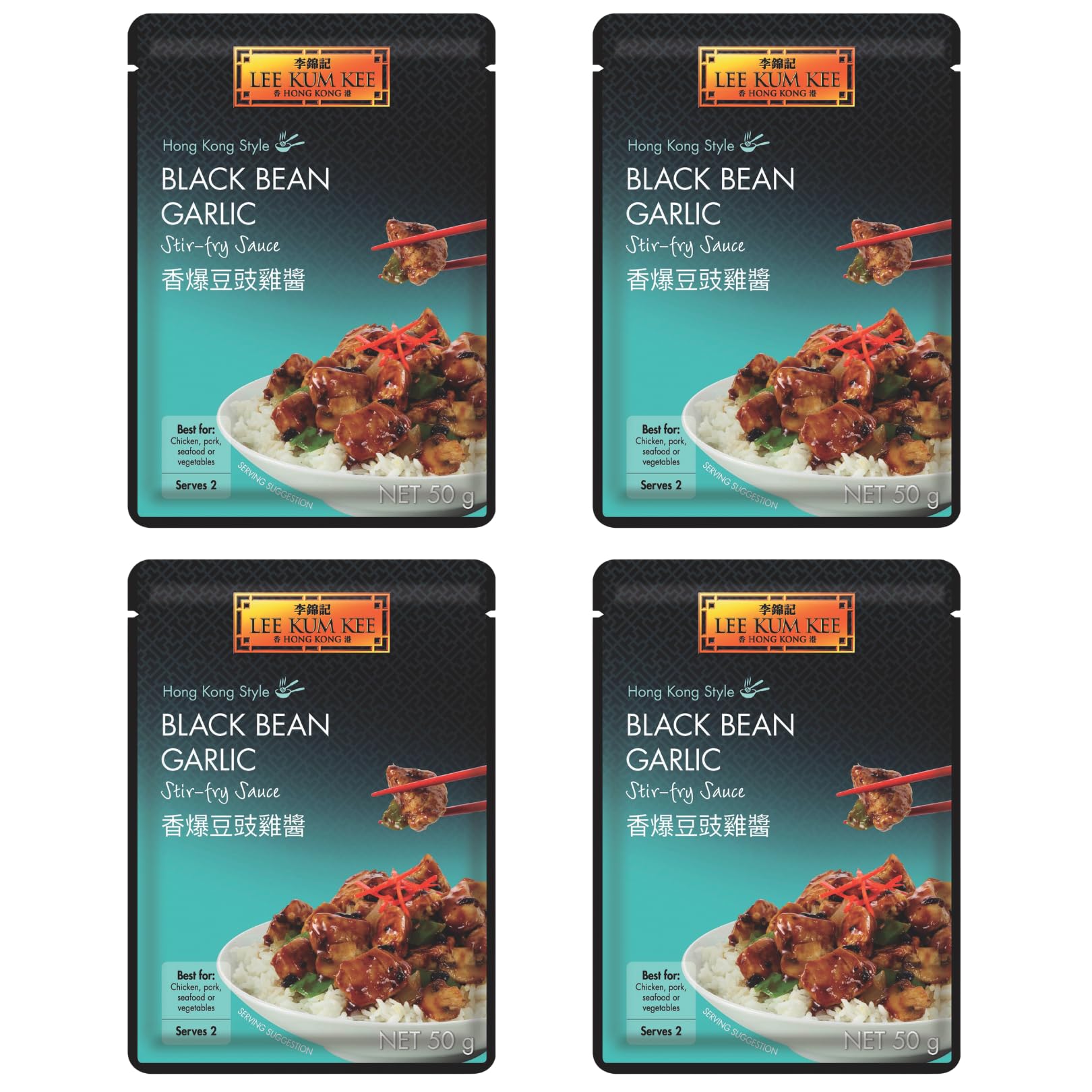 Lee Kum Kee Black Bean & Garlic Stir Fry Sauce, 50g (Pack of 4) - Authentic Chinese Flavour for Stir-Fries & Marinades - No Added Colouring or MSG