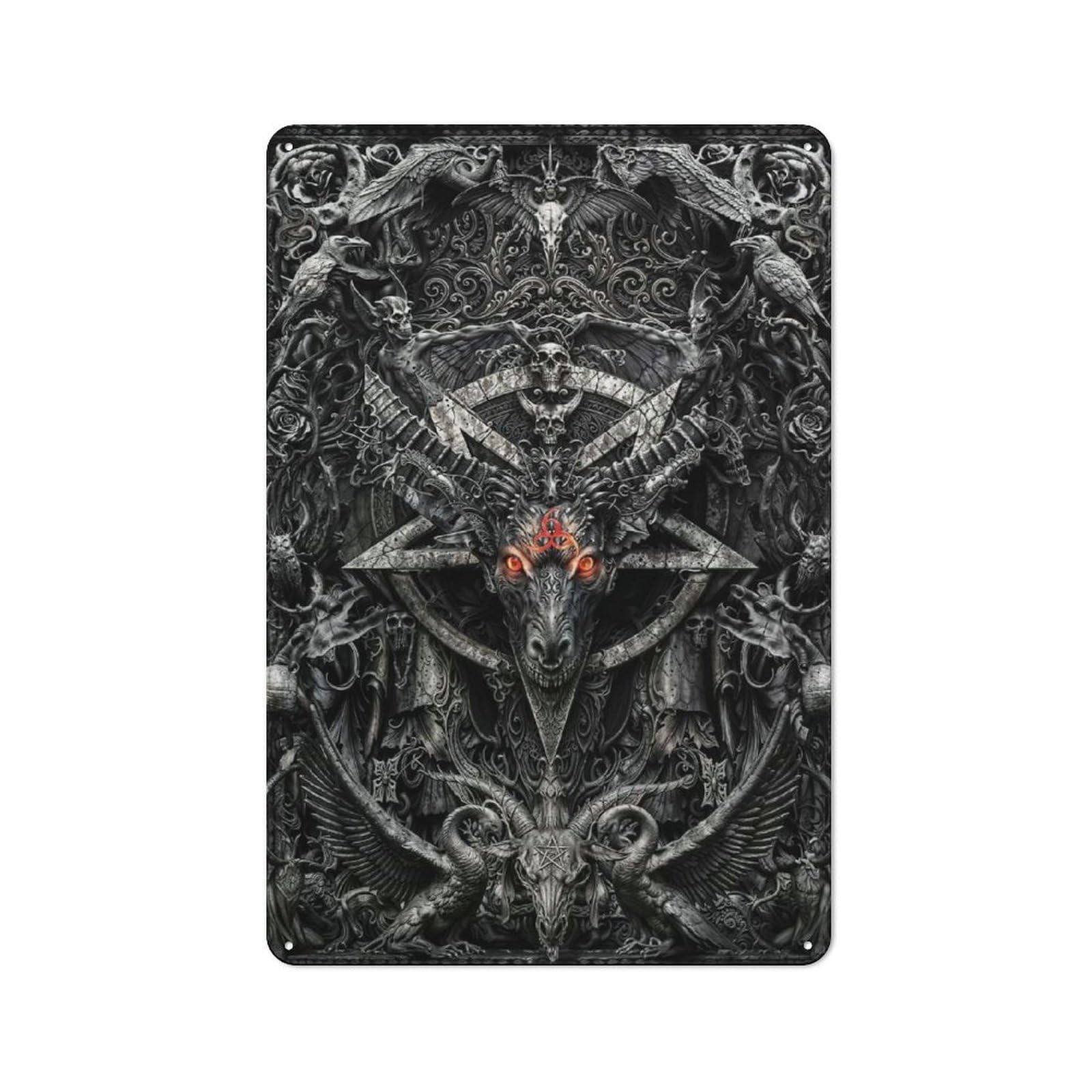 Junmoney Baphomet Mural Nostalgic Metal Wall Plaque 30X20cm, Retro Room Decor For Kitchen, Hallway, Bar Or Small Cafe