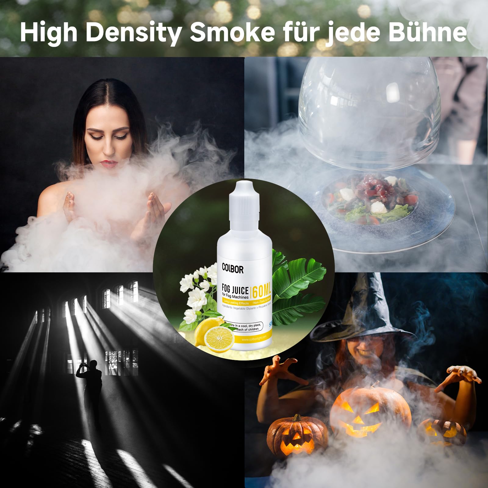 COLBOR Nebelfluid mit hoher Dichte 60ml*2, Nebelflüssigkeitsset für Nebelmaschine CF5/CF3 Geruchloses SDS-zertifiziert, Pflanzliches Glycerin, für Partys, Bars, Ausstellungen, Bühnen, Halloween