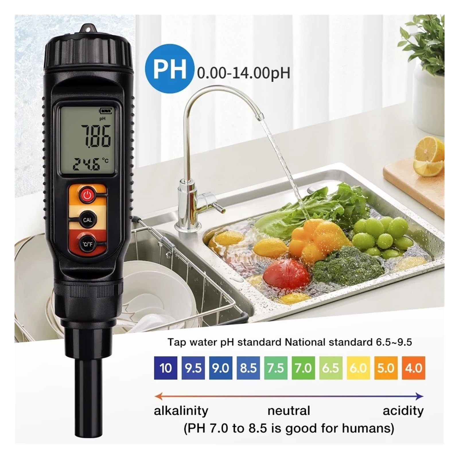 Tester wody, Cyfrowy miernik PH żywności 0,00~14, 50 ℃ Miernik temperatury z płaską sondą o wysokiej dokładności