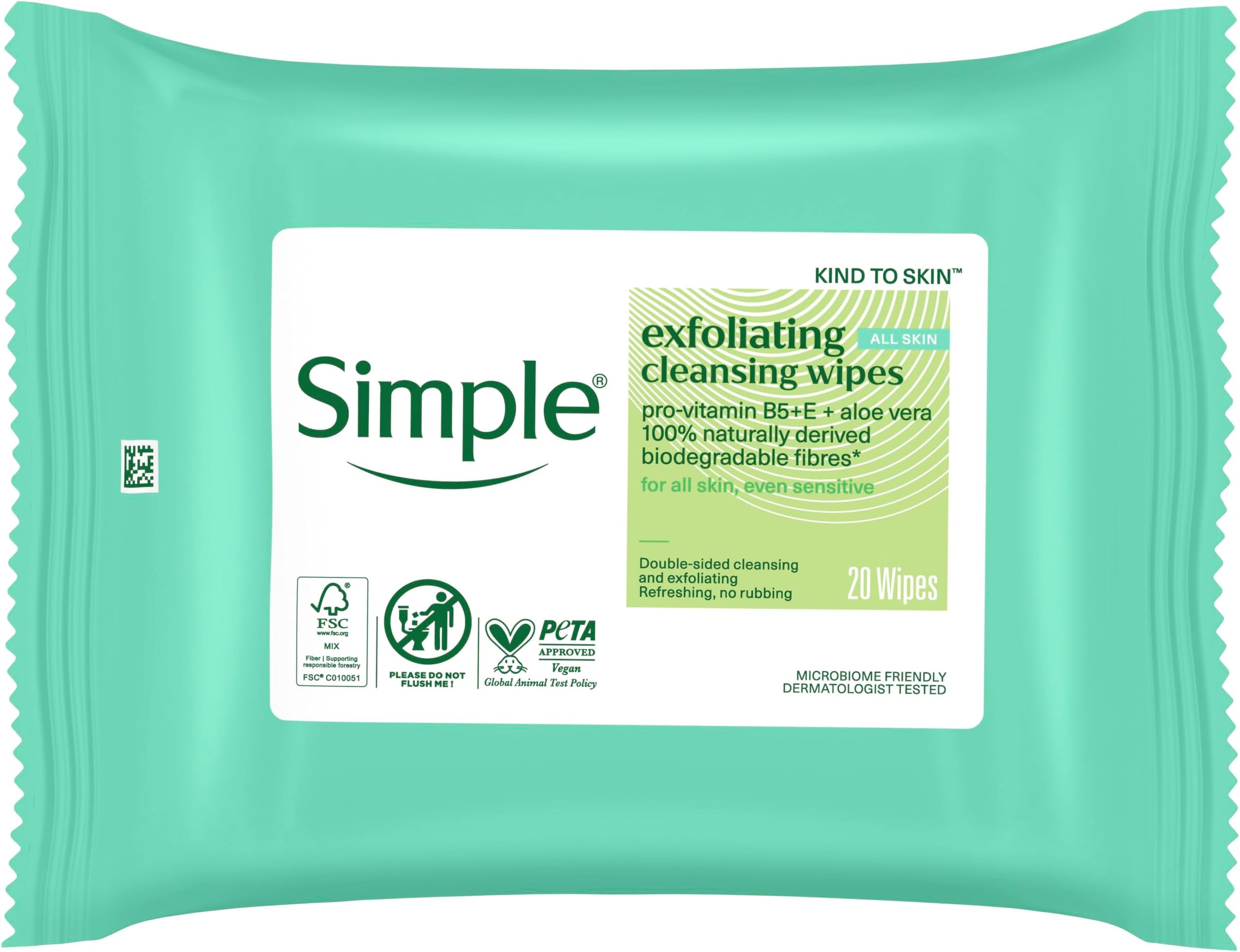 Simple biodegradable Exfoliating Face Wipes cleansing wipes to smooth skin and unclog pores for sensitive skin 20 wipes