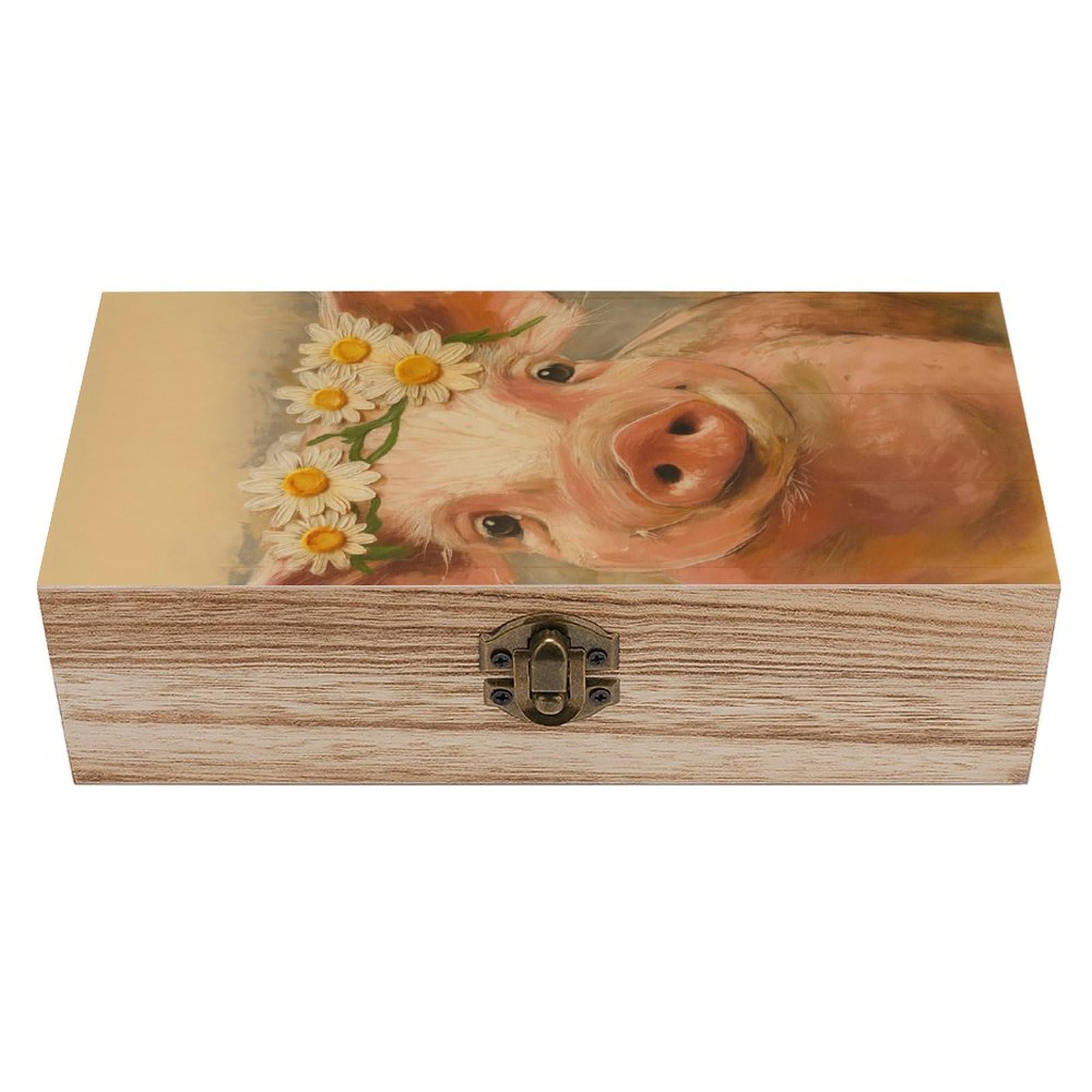 HLBSDM Cute Pig with Daisies Wreath Wooden Storage Vintage Keepsake Decorative Boxs