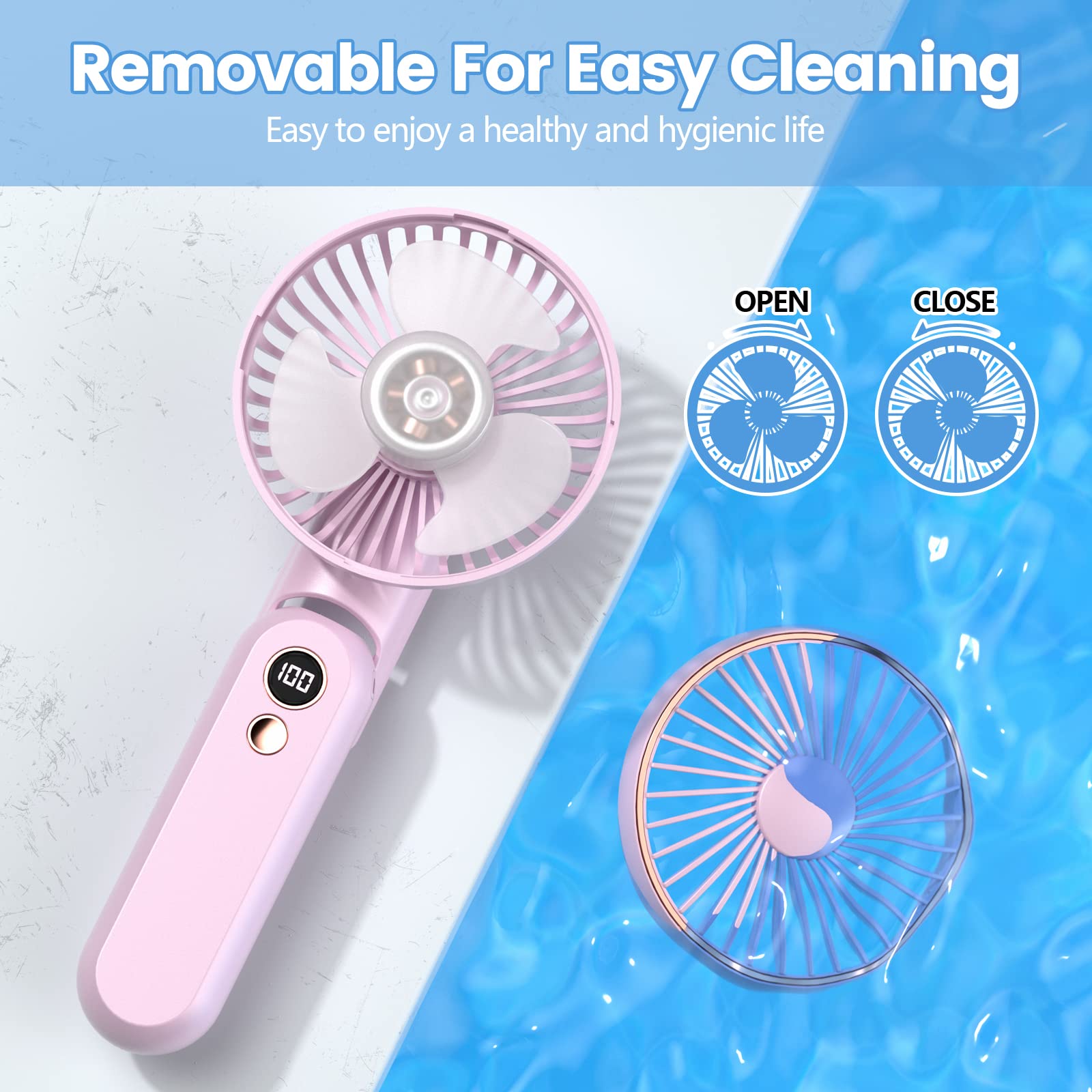 Ventilateur Portable, KOOPAO Mini Hand Held Fans With USB Rechargeable Battery, 5 Adjustable Speed Small Personal Folding Desk Fan With LED Display For Travel/Office/Camping/Eyelash/Makeup