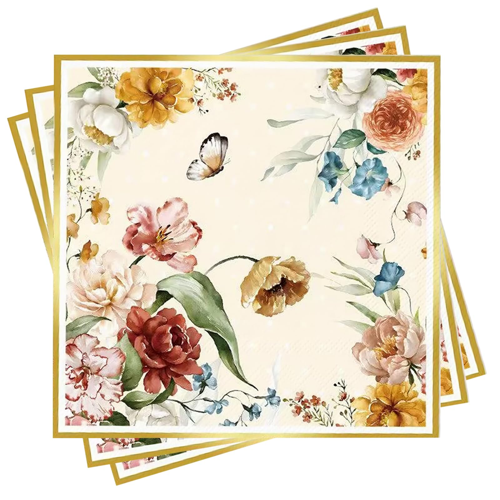 40Pcs Floral Paper Napkins, Disposable Flower Cocktail Napkins Vintage Wild Flower Dinner Napkin Decorative for Birthday Wedding Baby Shower Bridal Shower Supplies