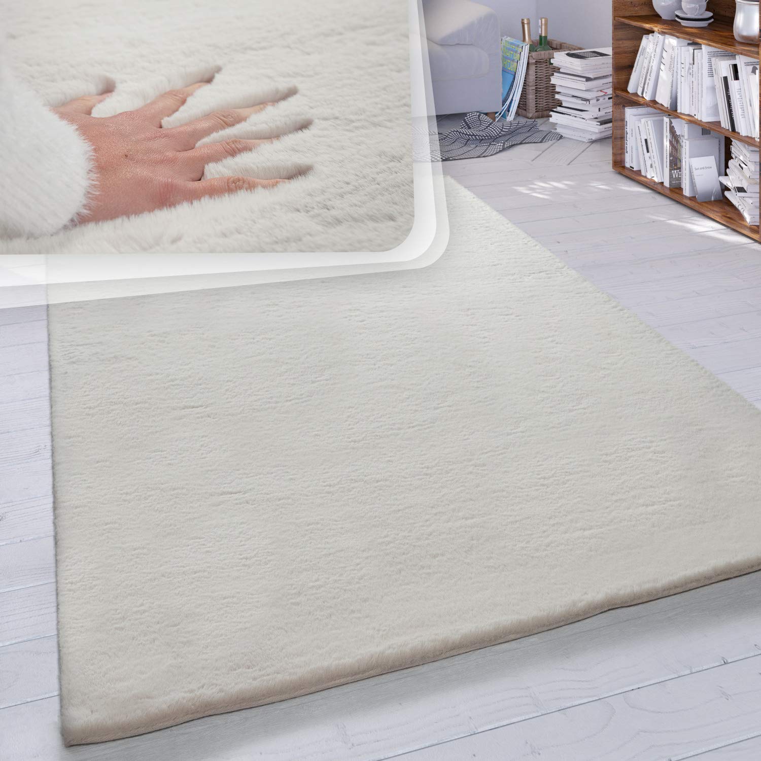 Paco Home Hochflor Teppich Wohnzimmer Schlafzimmer Shaggy Modern Flauschiger Fellteppich Weich Fell Imitat Kunstfell Einfarbig, Grösse:80x150 cm, Farbe:Creme