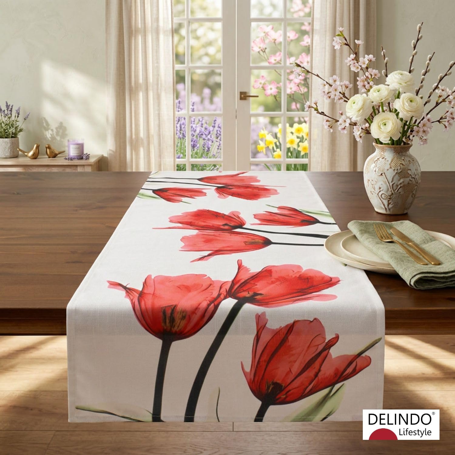 Banemi Runner Tavola 33x210CM Motivo Floreale Semplice Fiore di Prugna Runner Elegante Rosso Poliestere - Stile 1