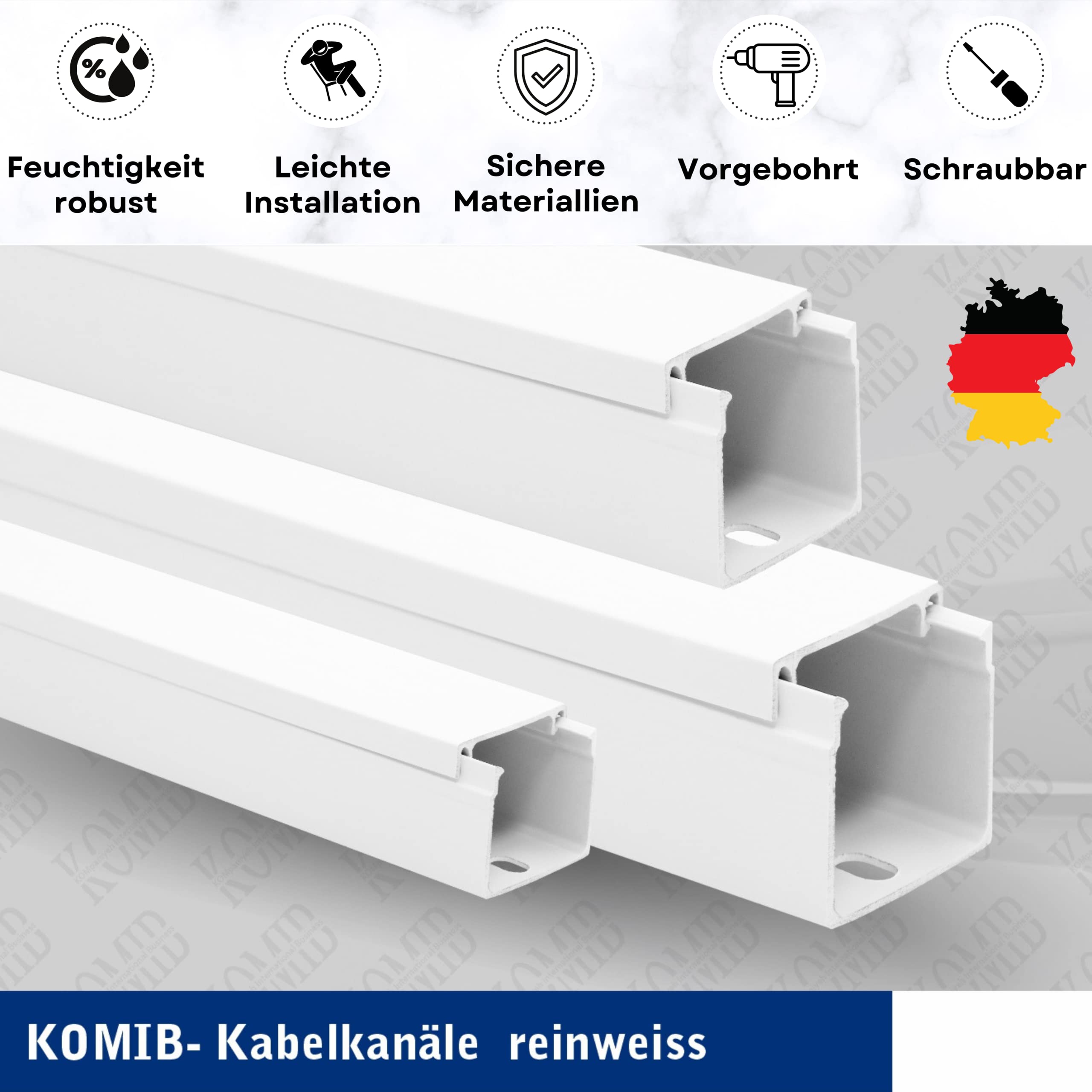 KOMIB - KK11060RW-8M Kabelkanal 110 x 60 x 2000mm Reinweiß (mit Kabelhalterklammer) 8 Meter - 4 x 2m / VDE