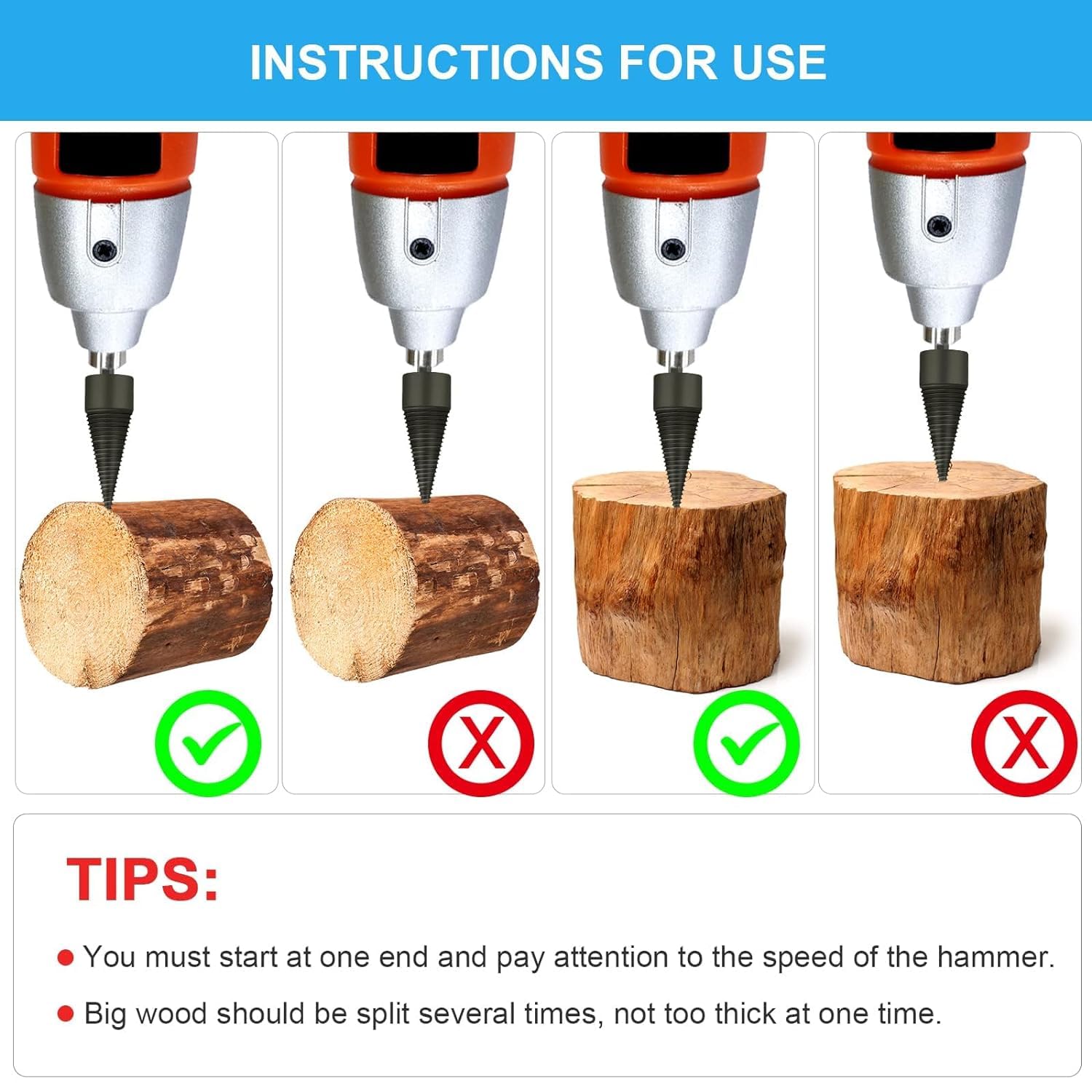 Foret à Bois pour Fendre du Bois, 32mm+42mm Fendeur de Buche, Foret Conique avec 6 Poignées pour Perceuse Électrique