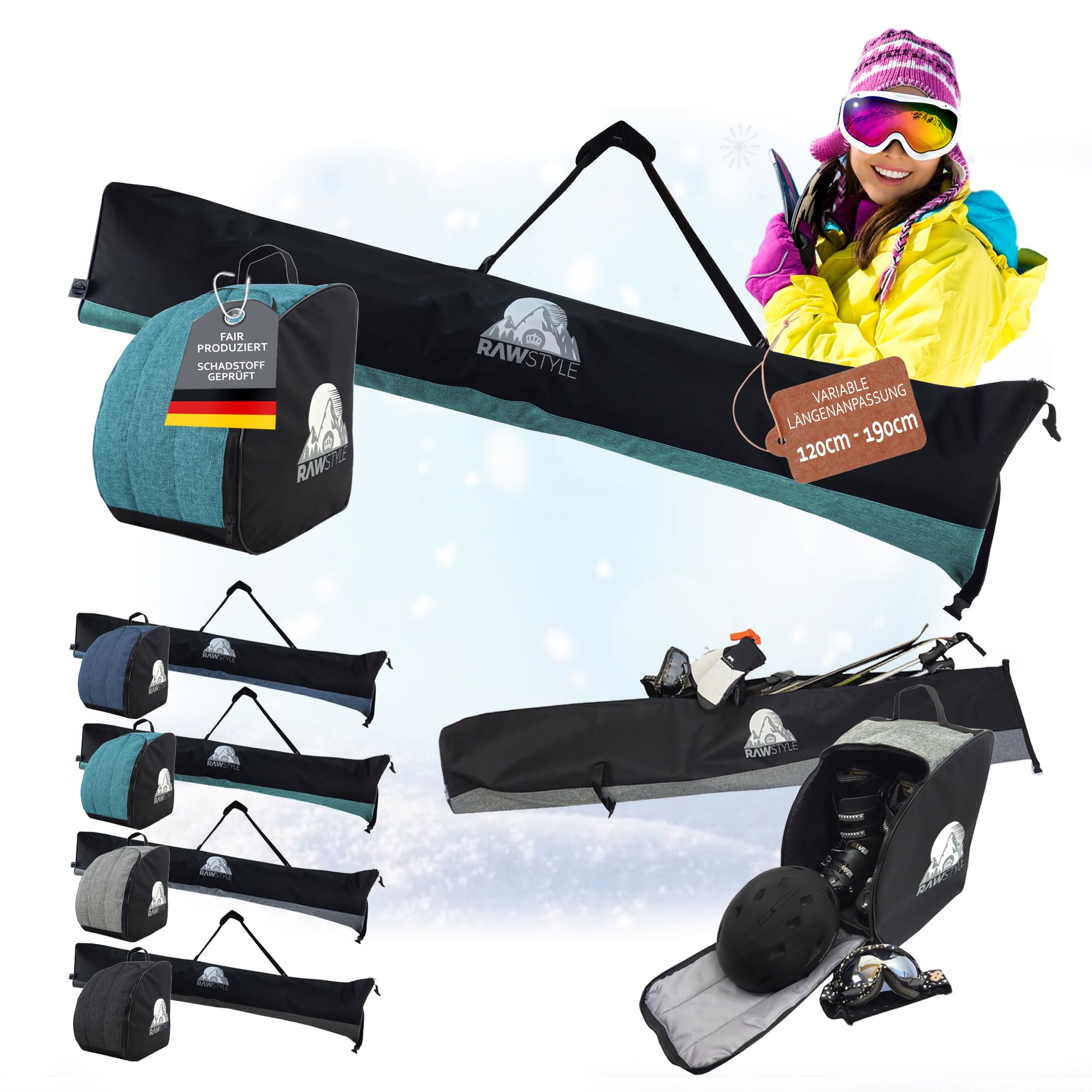 Zestaw toreb narciarskich – torba na narty Rolltop 120–190 cm i plecak na buty narciarskie – wodoszczelny Cordura – przechowywanie nart, butów narciarskich, kasku i rękawic – torba transportowa na