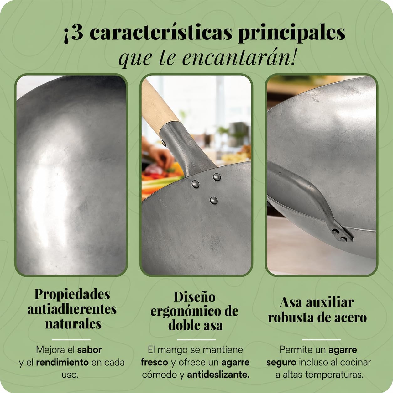 Homira Wok de Acero al Carbono de 36 cm, Martillado a Mano, Fondo Plano y Mango de Madera – Sartén Wok Tradicional sin PFAS para Inducción, Gas, Vitrocerámica, Barbacoa y Exterior (Fondo Plano)
