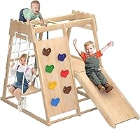 Yaofala 8-in-1 Wooden Indoor Jungle Gym for Toddlers: Montessori Climber with Swing, Slide, Monkey Bars, Ladder, Net & Rings