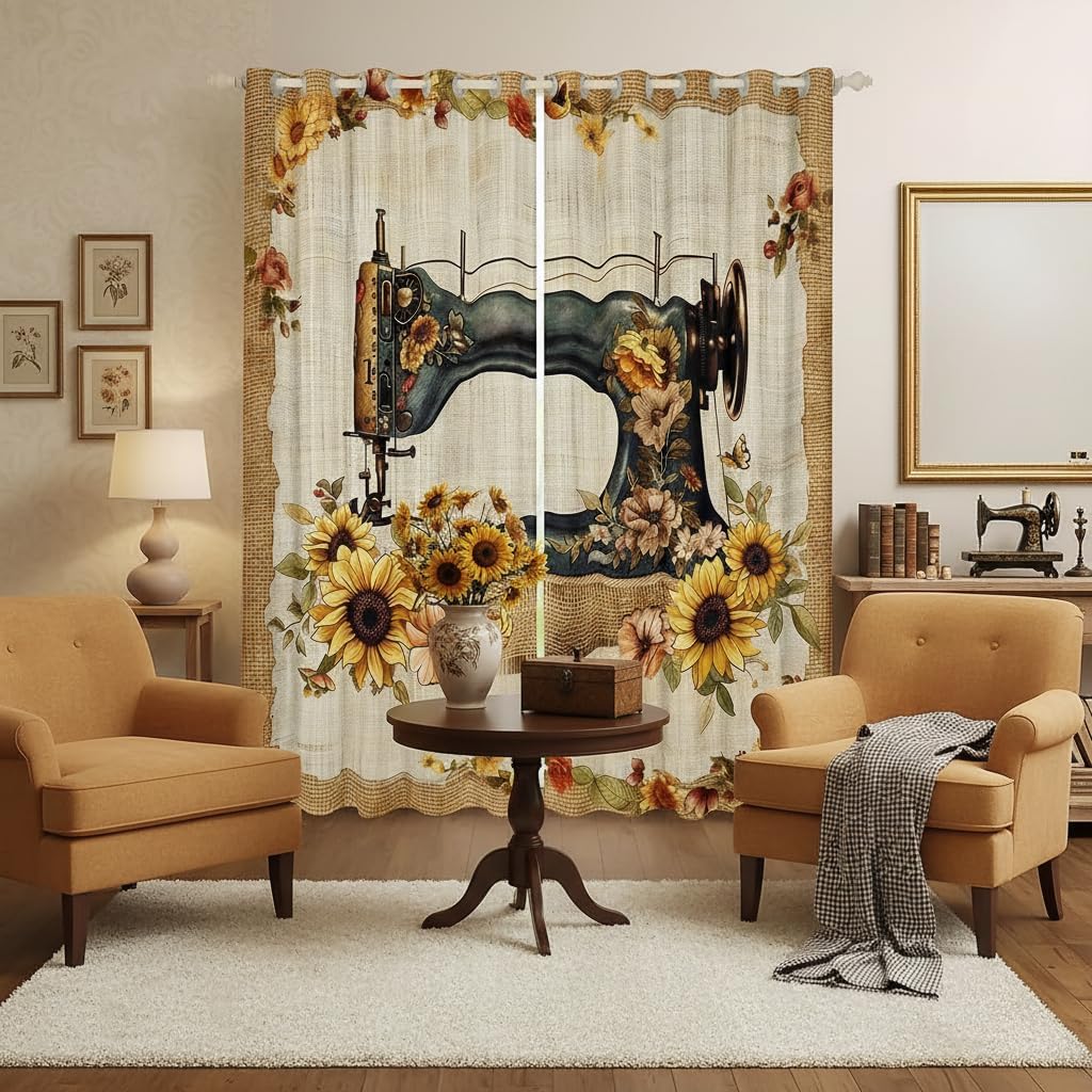 Women Sewing Theme Curtains,Sunflowers Floral Window Curtain,Vintage Rustic Brown Grid Window Treatment Curtain for Kids Girls Adult Room Decor,Hand Sewing Lover Window Drapes,2 Panels,42Wx63L