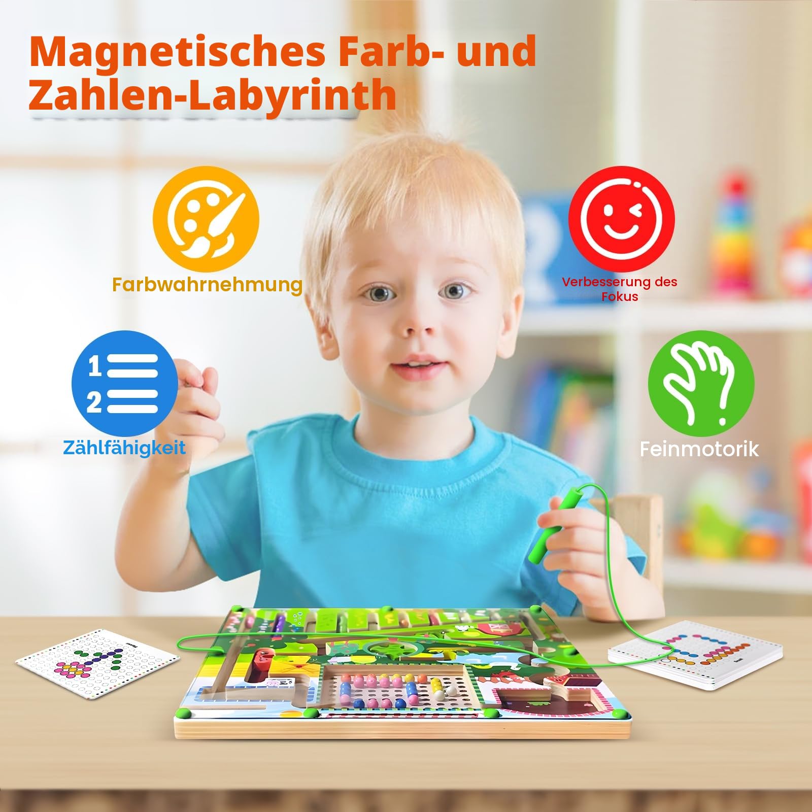 Montessori Spielzeug ab 3 Jahre, Magnetspiel Labyrinth Spielzeug, Holzspielzeug Zahlen und Farben Lernspielzeug Motorikspielzeug ab 3 4 5 6 Jahre, Geschenk für Kinder Jungen Mädchen