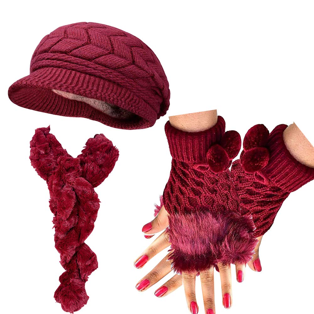 Women's combo of Winter Warm Knit Hat Wool Snow Ski Caps With Stylish Fingre Cut fur faux Hand Gloves and faux fur muffler (Red, Free Size)-image-40