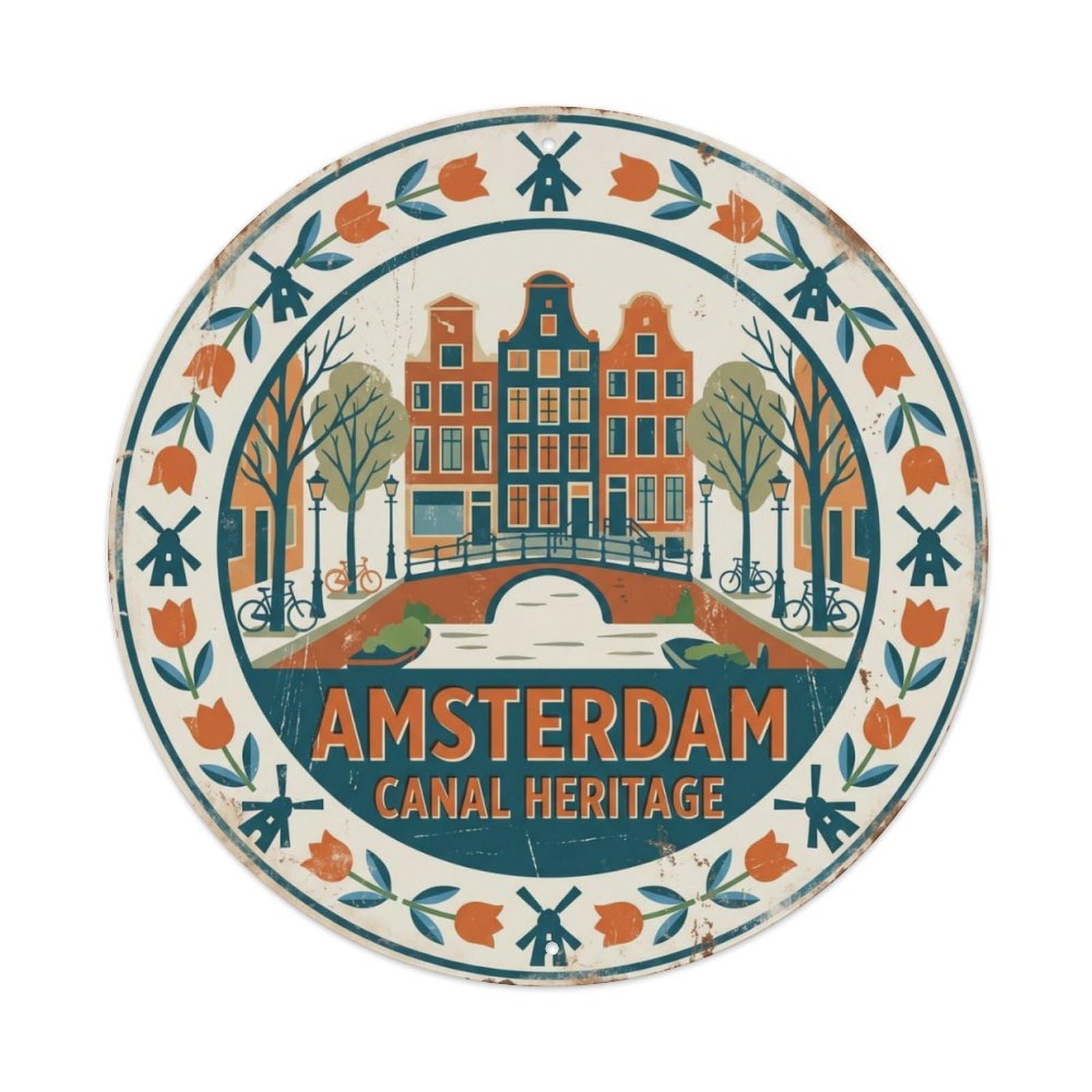 Vintage Travel Amsterdam Netherlands Canals Metal Tin Sign Plaque Wall Decor for Cafe, Club Bar, Office, Home Garden Round Metal Poster 8x8Inch