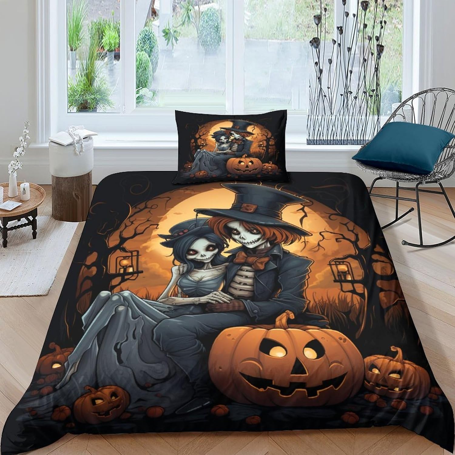 Halloween duvet set - soft microfiber bedding with ghost, witch, pumpkin and bat designs,Skeleton Couple, duvet cover double perfect for kids with bold personalities