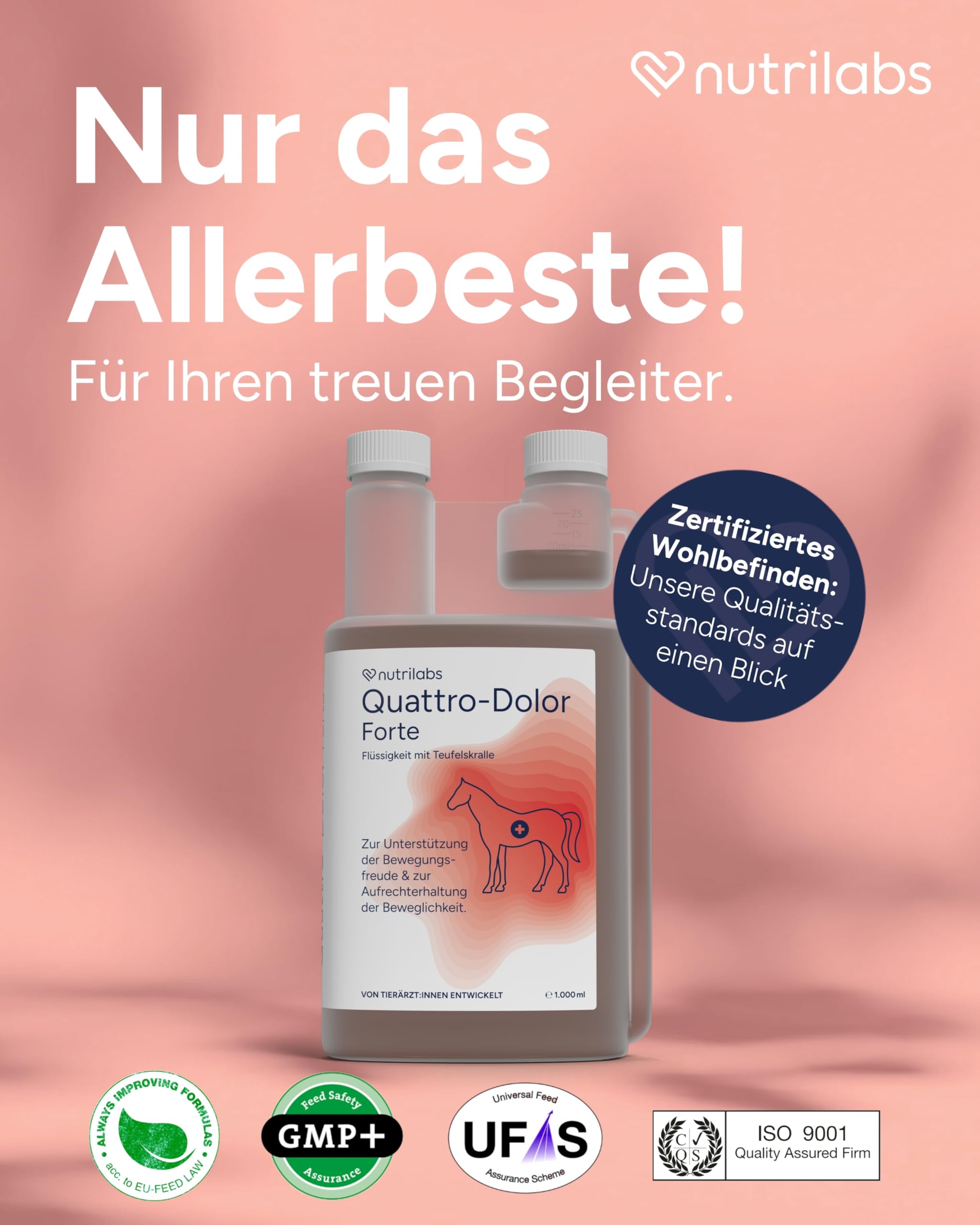 NutriLabs Quattro-Dolor forte Bewegungssaft für Pferde 1 L - mit Gelbwurz-, Ingwer-, Teufelskrallen-Extrakt u.v.m. - Teufelskralle - Pferde-Nahrungsergänzungsmittel - Bewegung