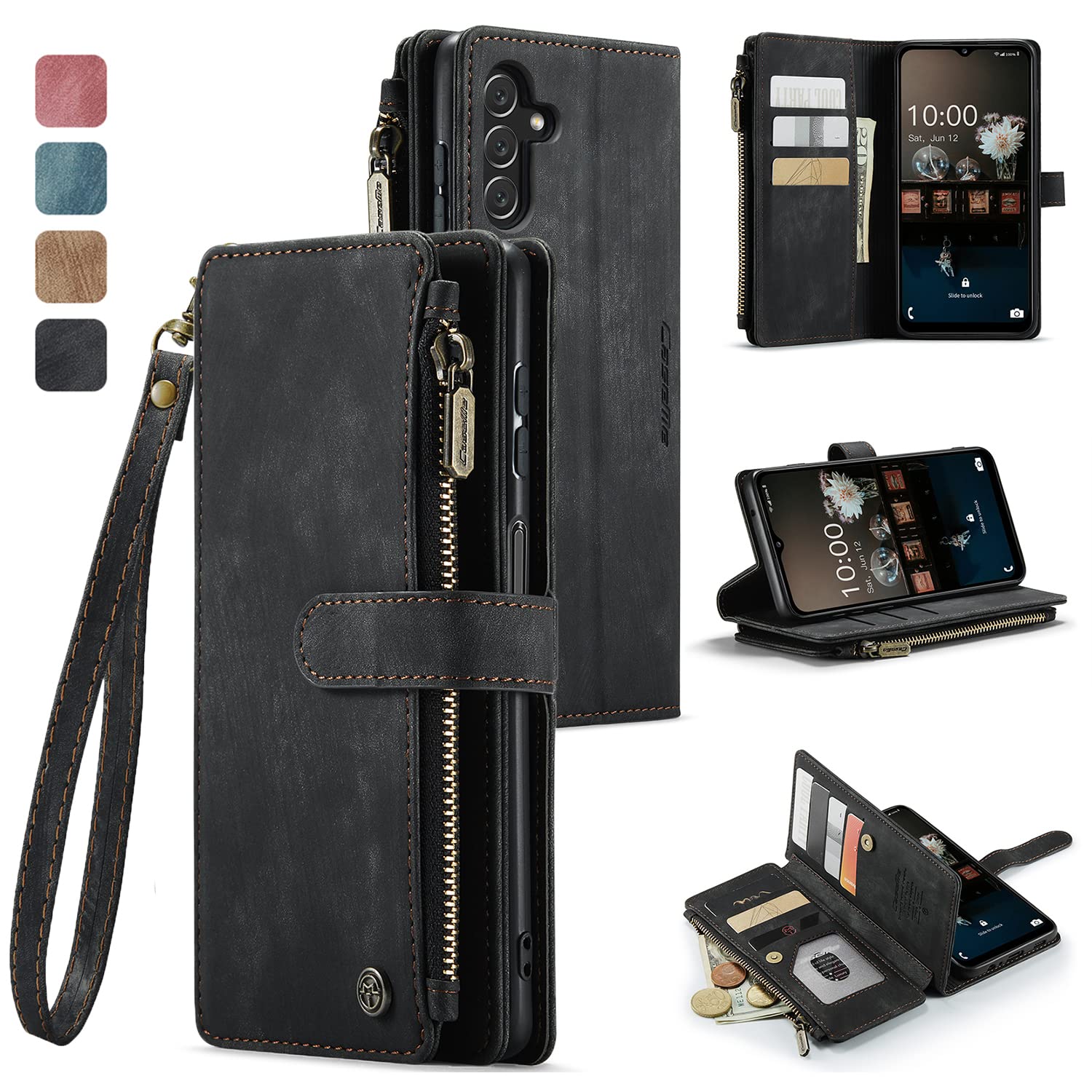 REEGINCH Samsung Galaxy A13 Case, Wallet Vegan Leather Case Magnetic Flip Folio Zipper Card Holder Slot Shockproof Kickstand Protection Phone Cover for Samsung Galaxy A13 5G 6.5-inch（Black）