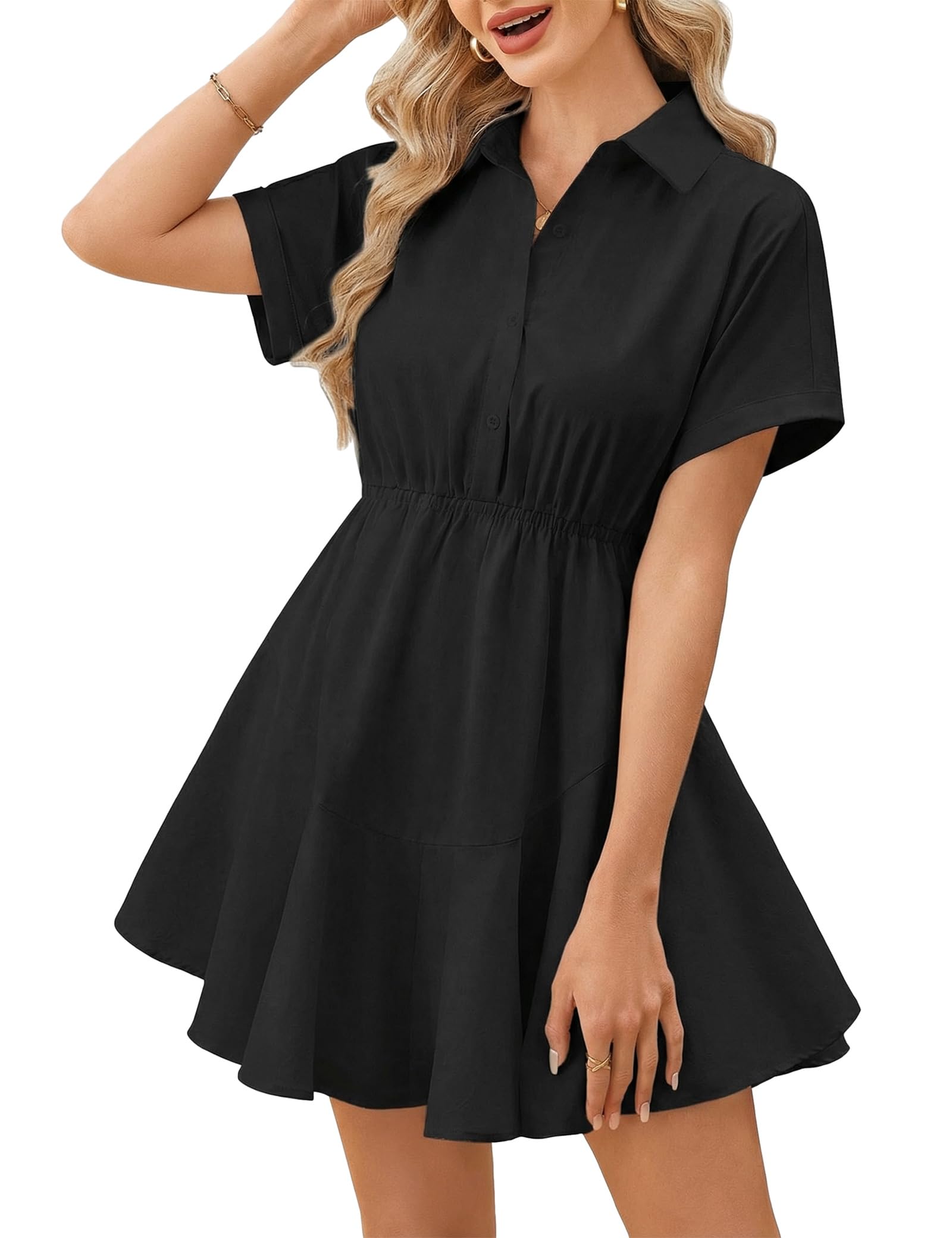 Beluring Blusenkleid Damen Sommer Kurzarm Minikleid V-Ausschnitt Knopfleiste Tunika Kleider mit Taschen