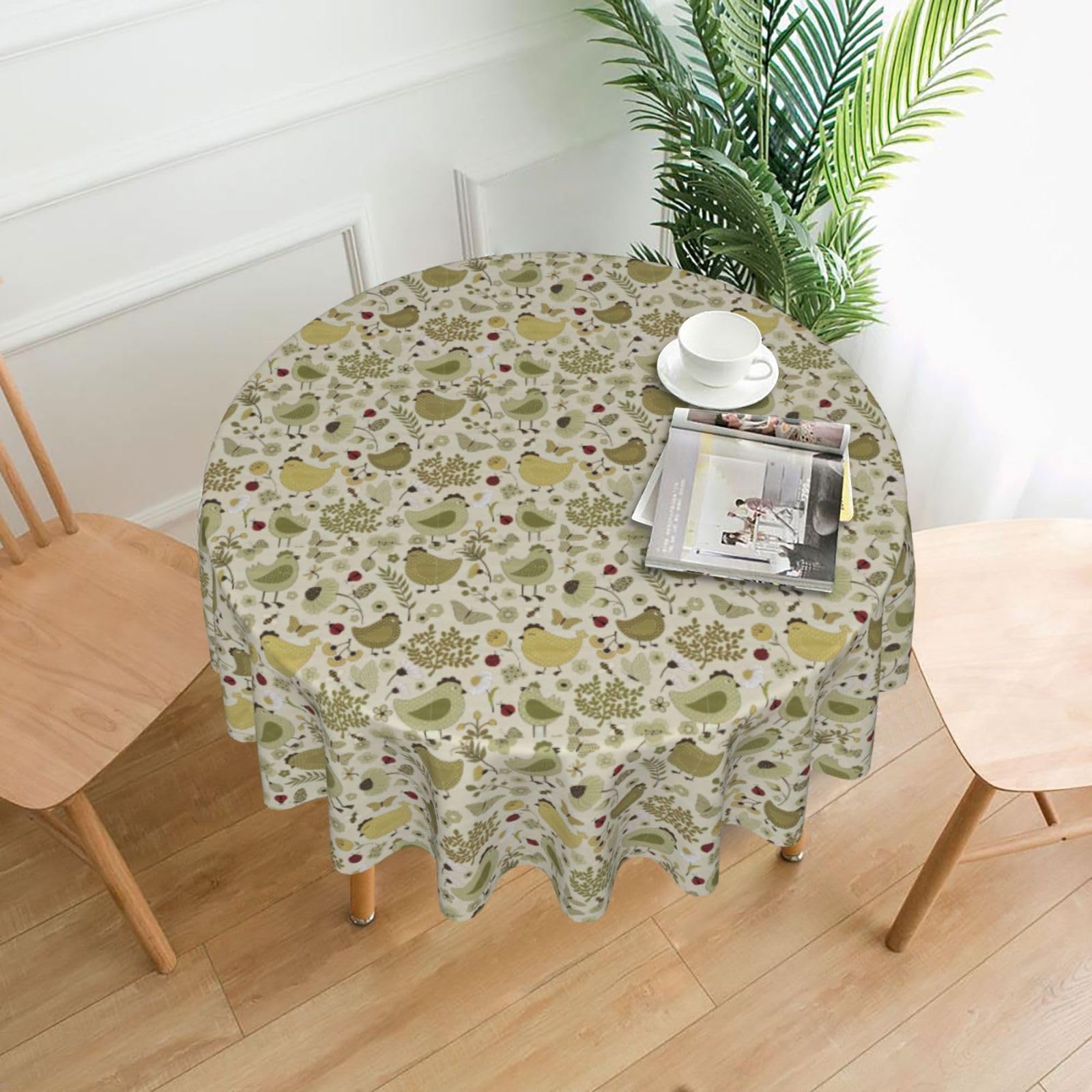 Nbtghga Yellow Leaves Chicken Print Tablecloth Round Border Table Cloth Cover Decorative For Party Holiday Dinning Tabletop Home