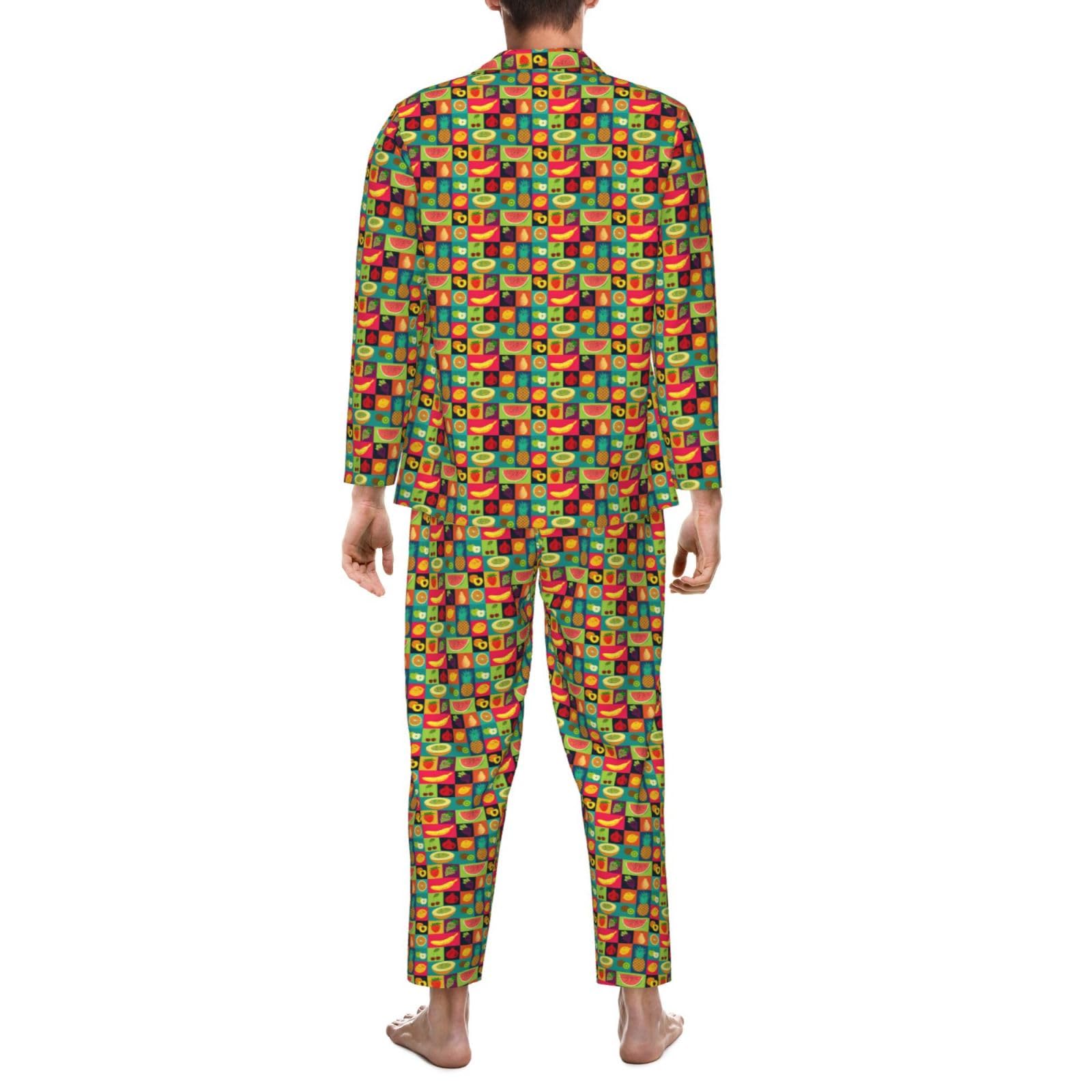 Art Style Fruit Print Uomo Manica Lunga Pigiama Set Due Pezzi Lounge Traspirante Confortevole Nightwear