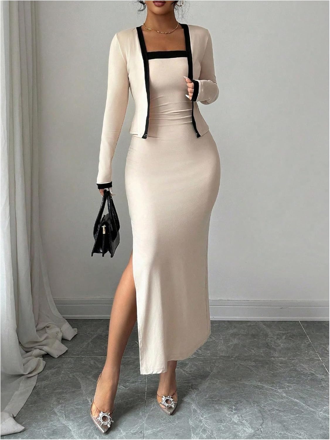 Milumia Women's 2 Piece Outfits Spaghetti Strap Side Slit Bodycon Maxi Dress and Contrast Trim Cardigan Set - Image 4