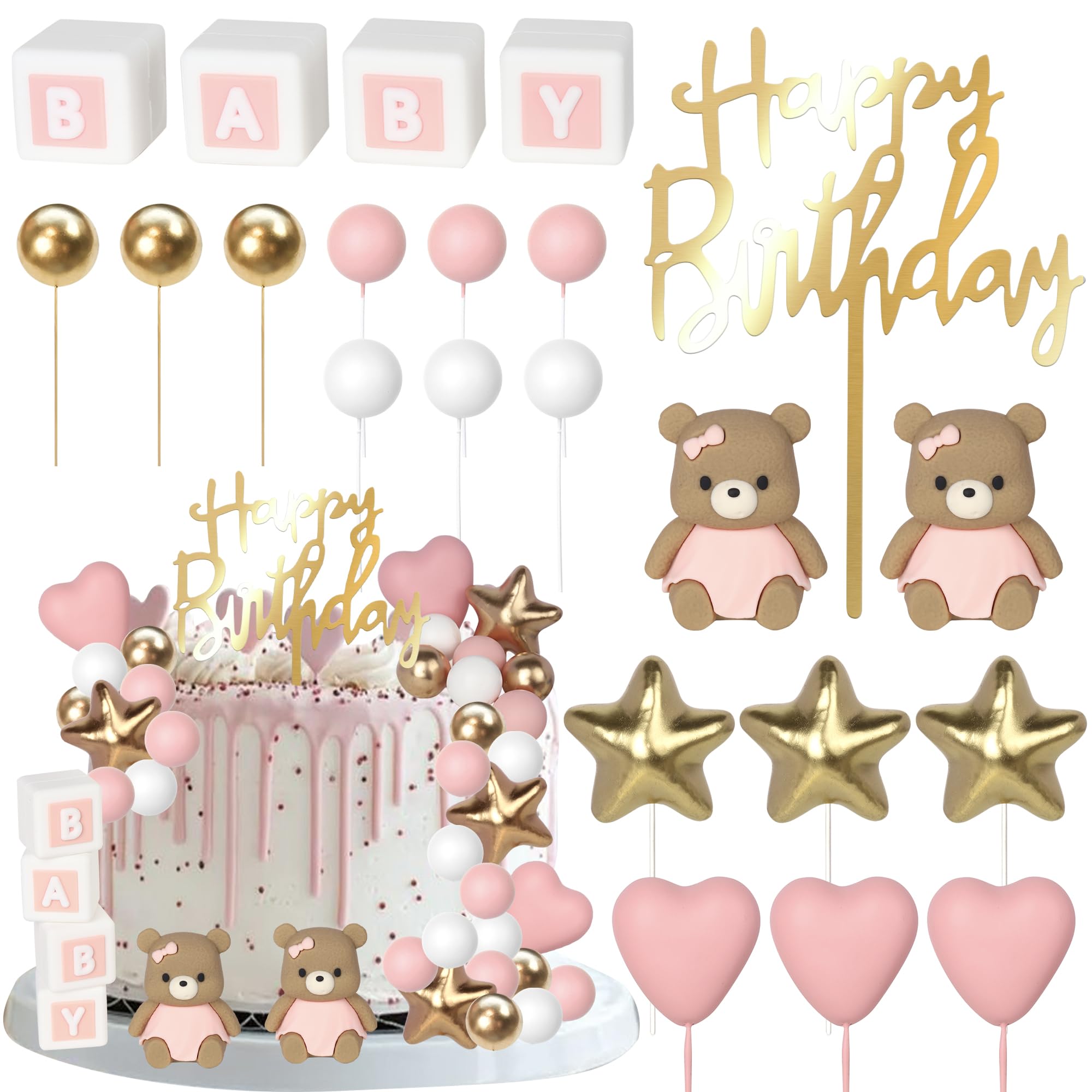 SYKYCTCY 32 Pack Pink Baby Girl Cake Decorations Balls Cupcake Toppers Love Heart Little Stars Gender Reveal Cupcake Picks DIY Cake Topper for Girl Baby Shower Birthday Party Decorations Pink