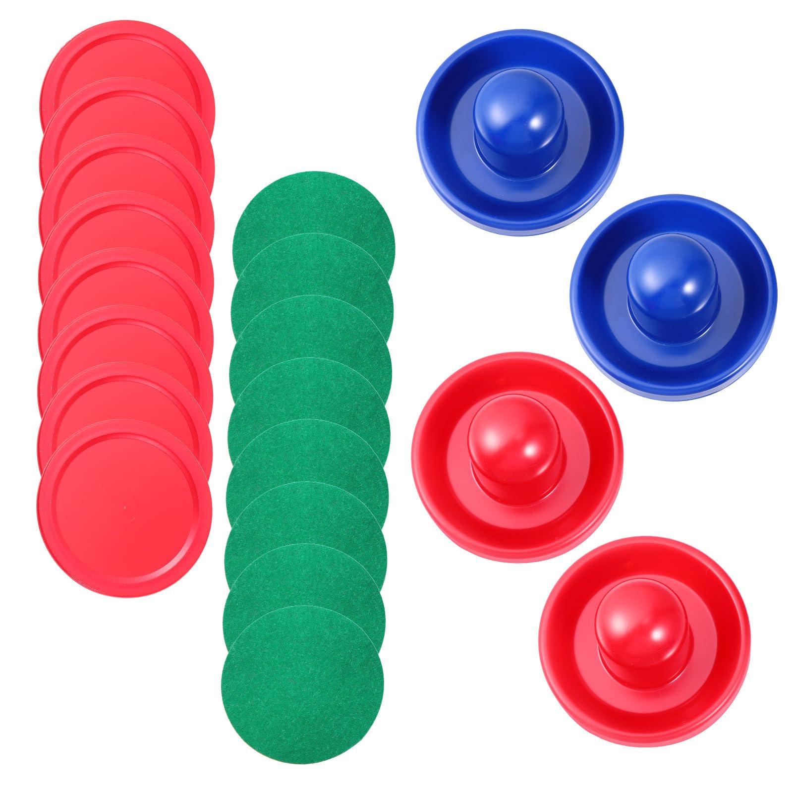 Happyyami Set Accessori Ricambio Air Hockey 4 Spingitori Plastica Resistente 96mm Blu e Rosso, 8 Tamponi Anti-pelucchi Spessi per Tavoli Standard, Kit Parti Hockey per Gioco da Sala e Sala