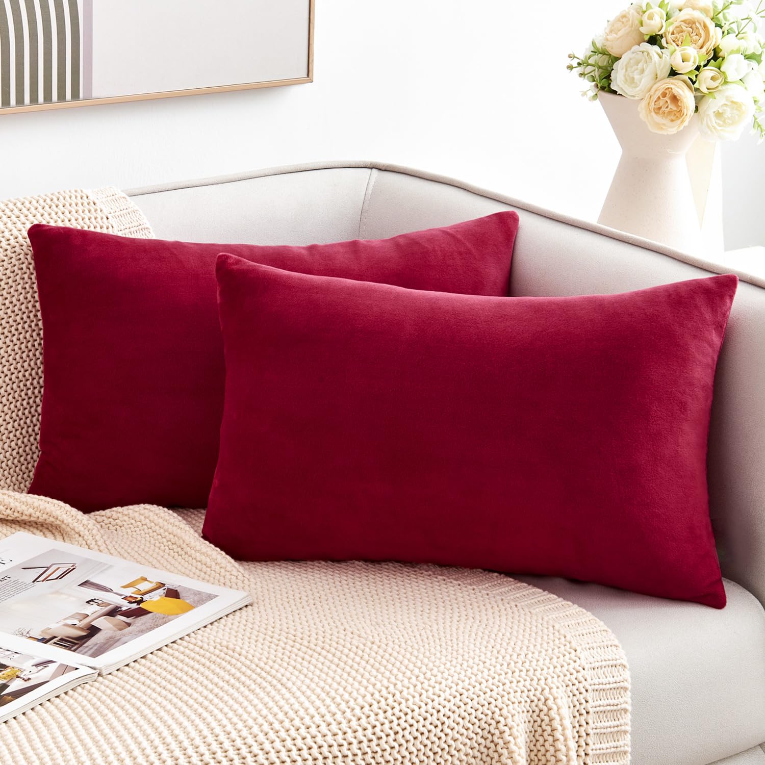 GriNeed Throw Pillow Covers Burgundy Decorative Velvet Set of 2 12x20 Inch Pillow Covers, Soft Christmas Wine Red Lumbar Pillowcases for Couch Sofa Bed Living Room, Accent Cushion Covers
