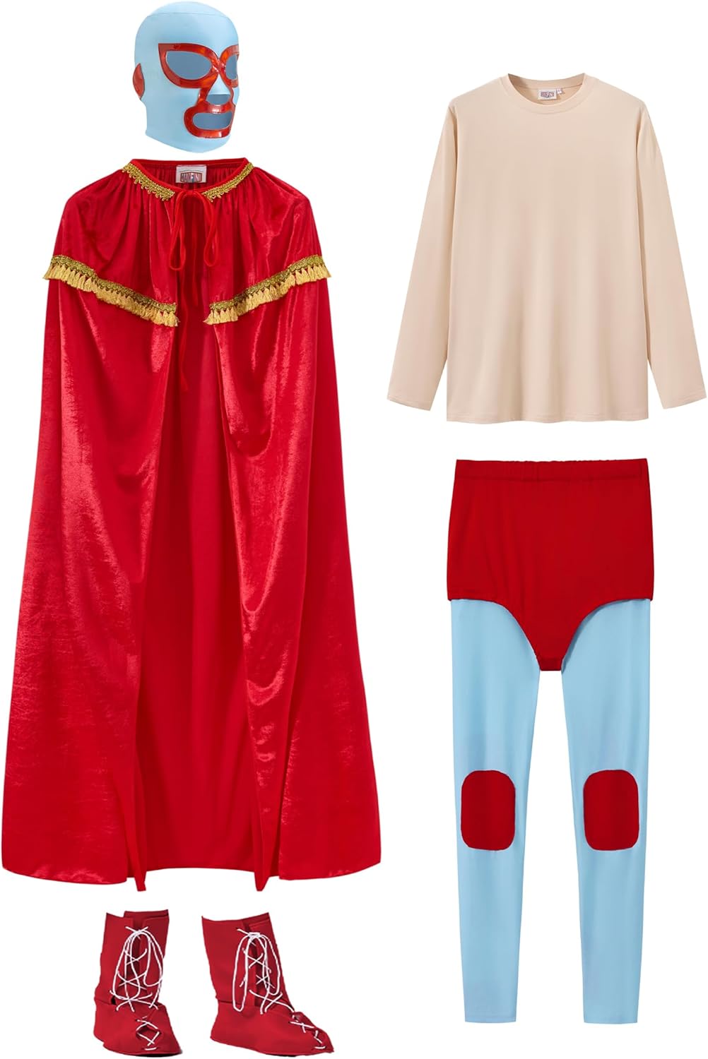 Mainfini 5 Pcs Nacho Libre Costume Adult Men Mexican Wrestler Outfit Funny Tshirt Mask Cape Tights Boot Cover (S-3XL) - Image 6