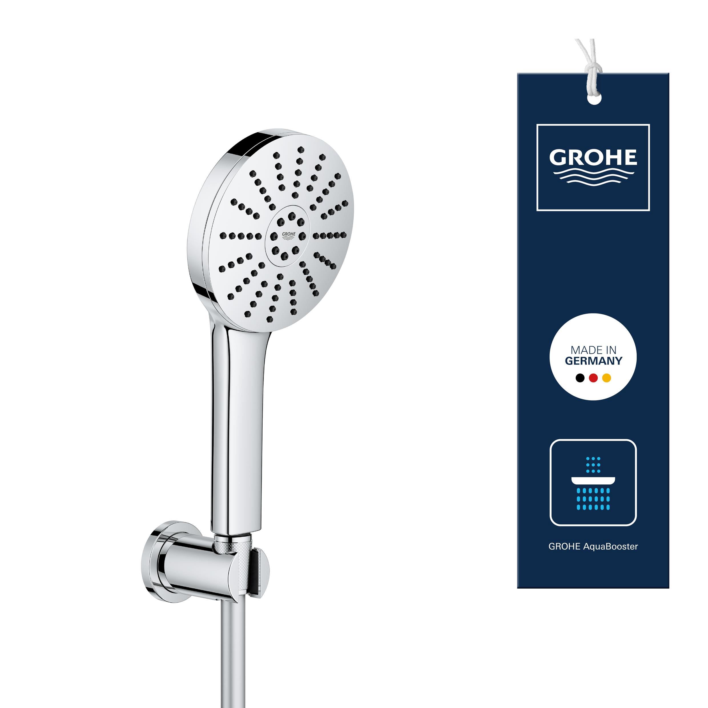 Zestaw prysznicowy GROHE Vitalio Joy+ 120, Duża słuchawka 12 cm, 3 strumienie (Rain, Jet, Booster), Przepływ 6,3 l/min, Wąż 150cm z uchwytem, Chrom, Uniwersalny montaż 1348650000