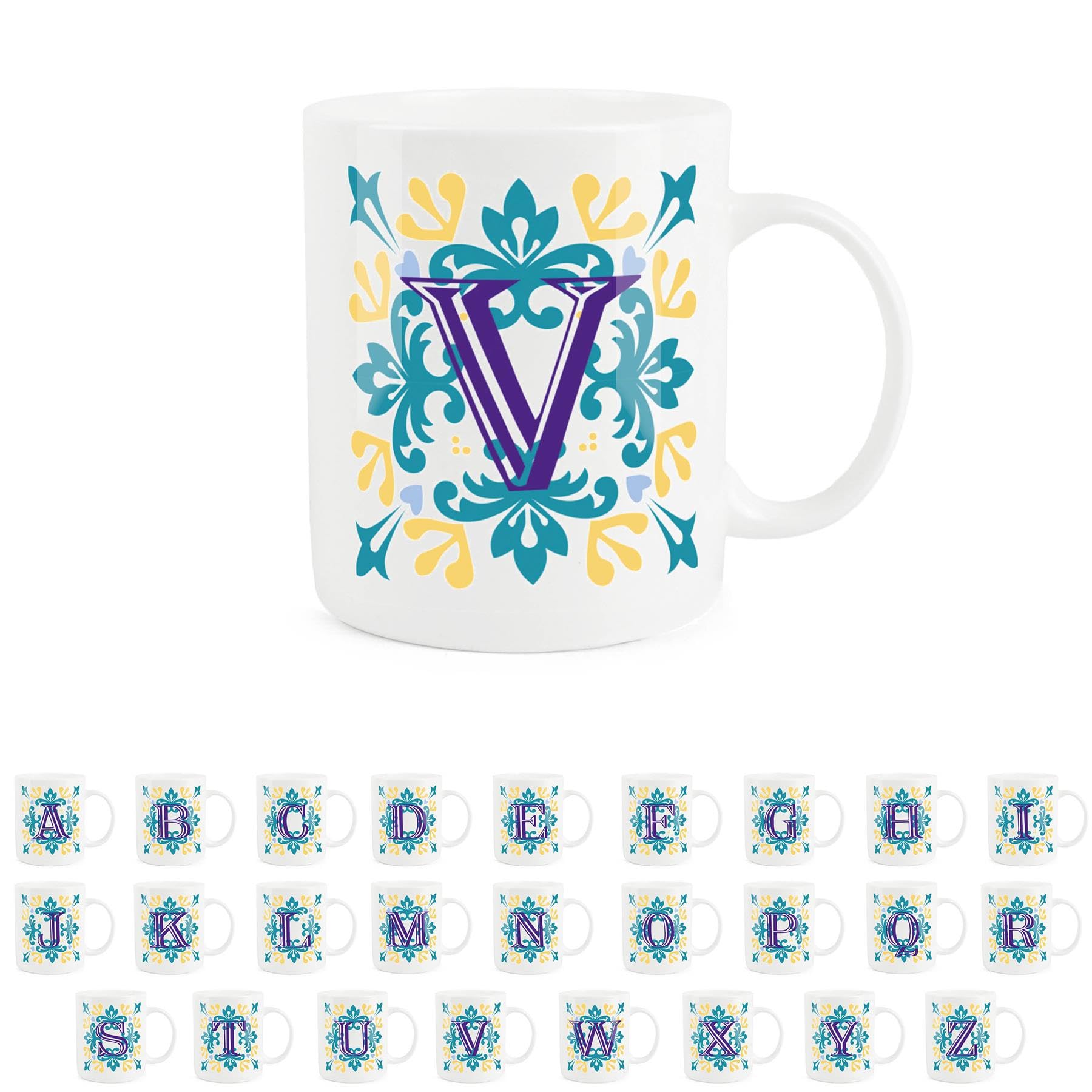 Purely Home Moroccan Tile Yellow & Blue Letter V Mug - White Initial Personalised Alphabet Tea Coffee Bone China Mug