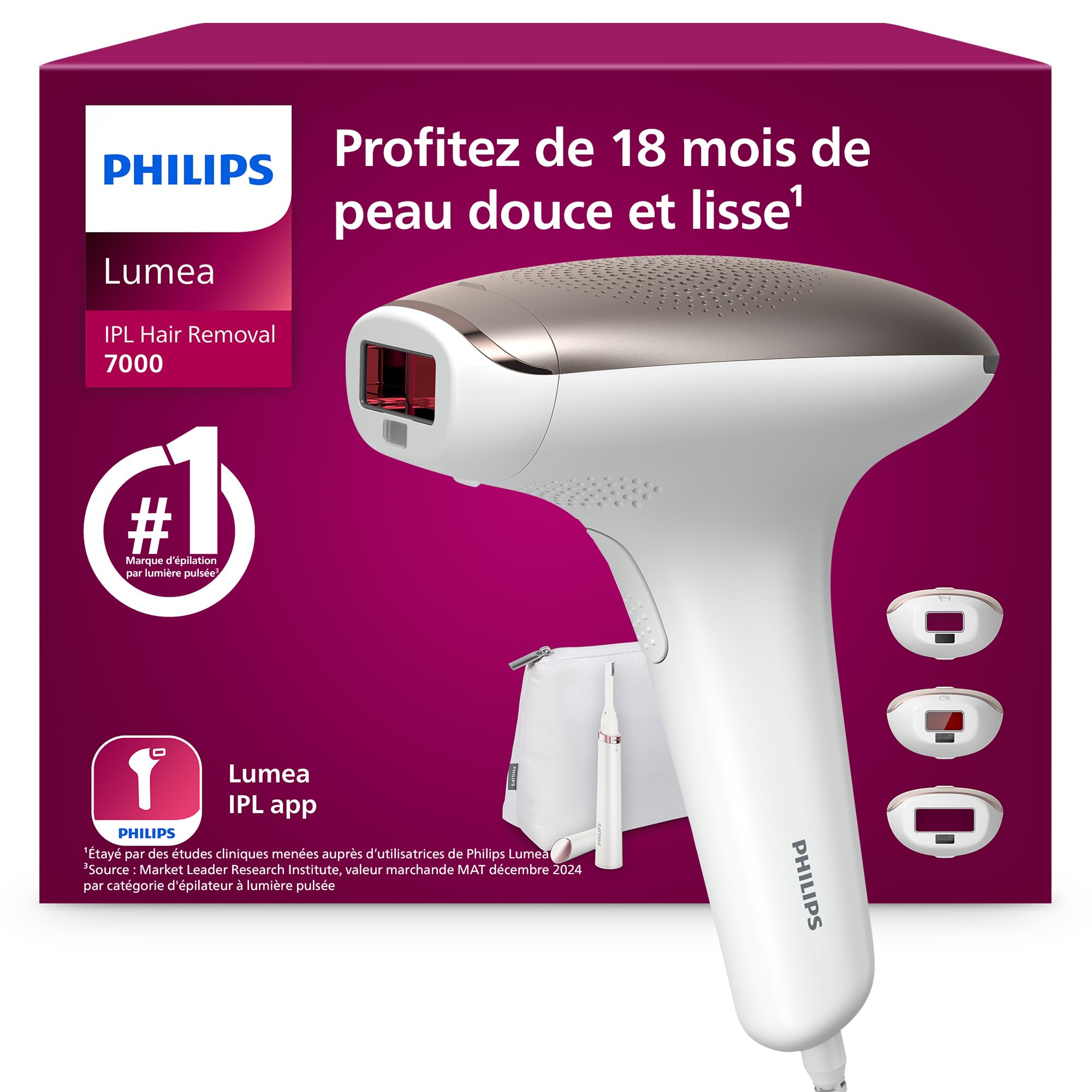 Philips Lumea série 7000, Épilateur à lumière pulsée, alternative à l'épilation laser, avec tondeuse-stylo Satin Compact, 3 embouts pour le corps, le visage et le maillot, modèle BRI923/00