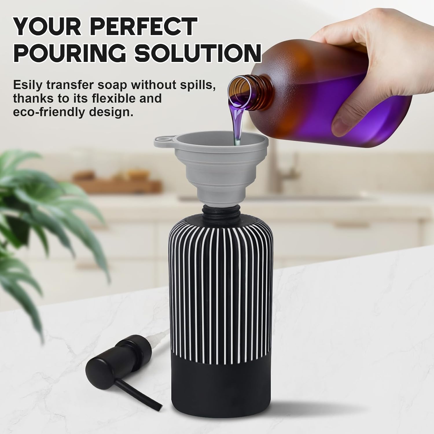 Black Soap Dispenser for Kitchen, Modern Plastic Dish & Hand Soap Dispenser with Pump for Bathroom, Refillable Liquid Soap & Lotion Dispenser (380ml/13oz) - Image 2
