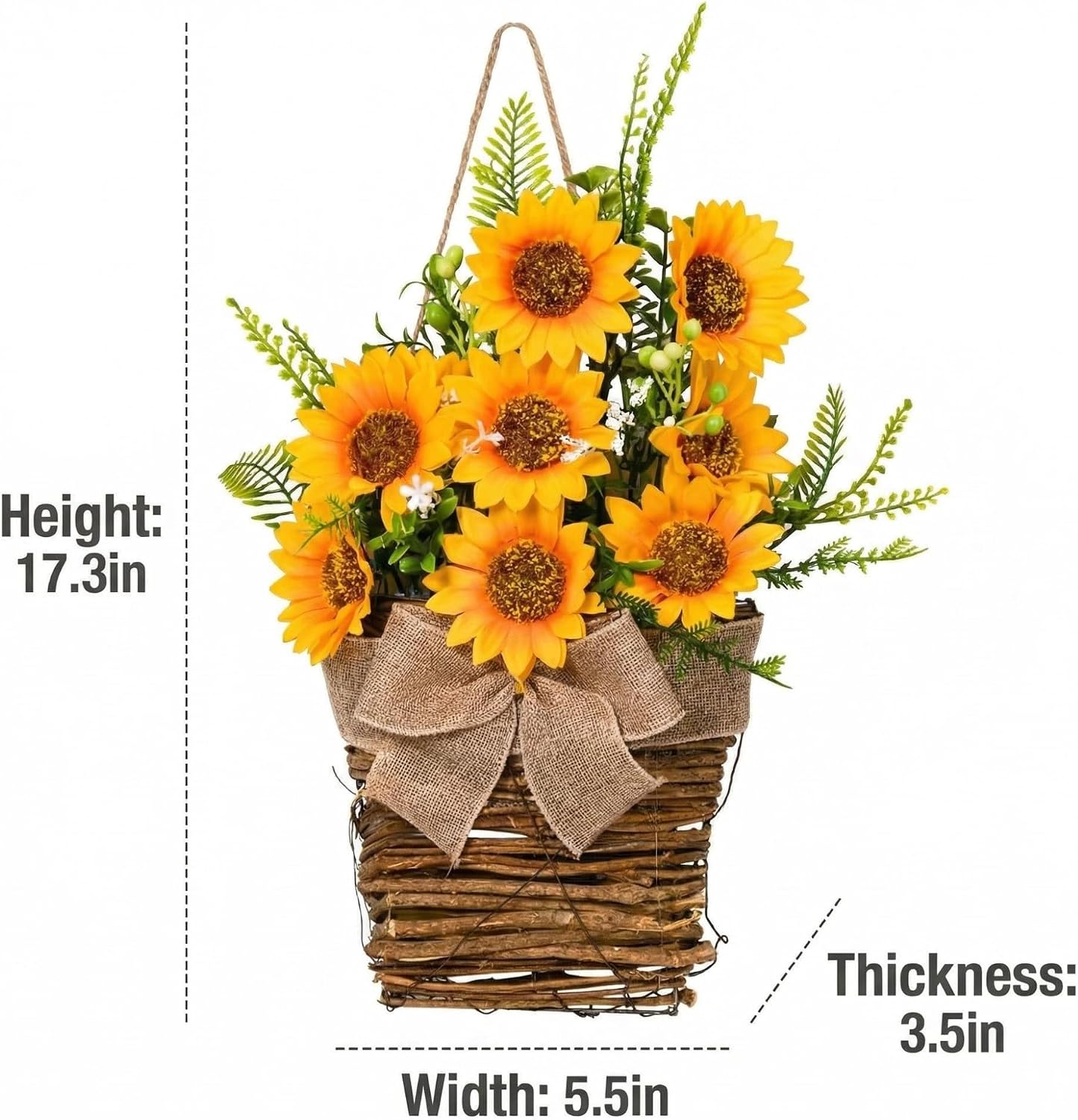 1pcs Sunflower Wall Hanging Basket – 17.3x5.5x3.5 Inch Woven Rattan Planter with Burlap Bow, Faux Sunflower Floral Arrangement for Door, Entryway, Living Room