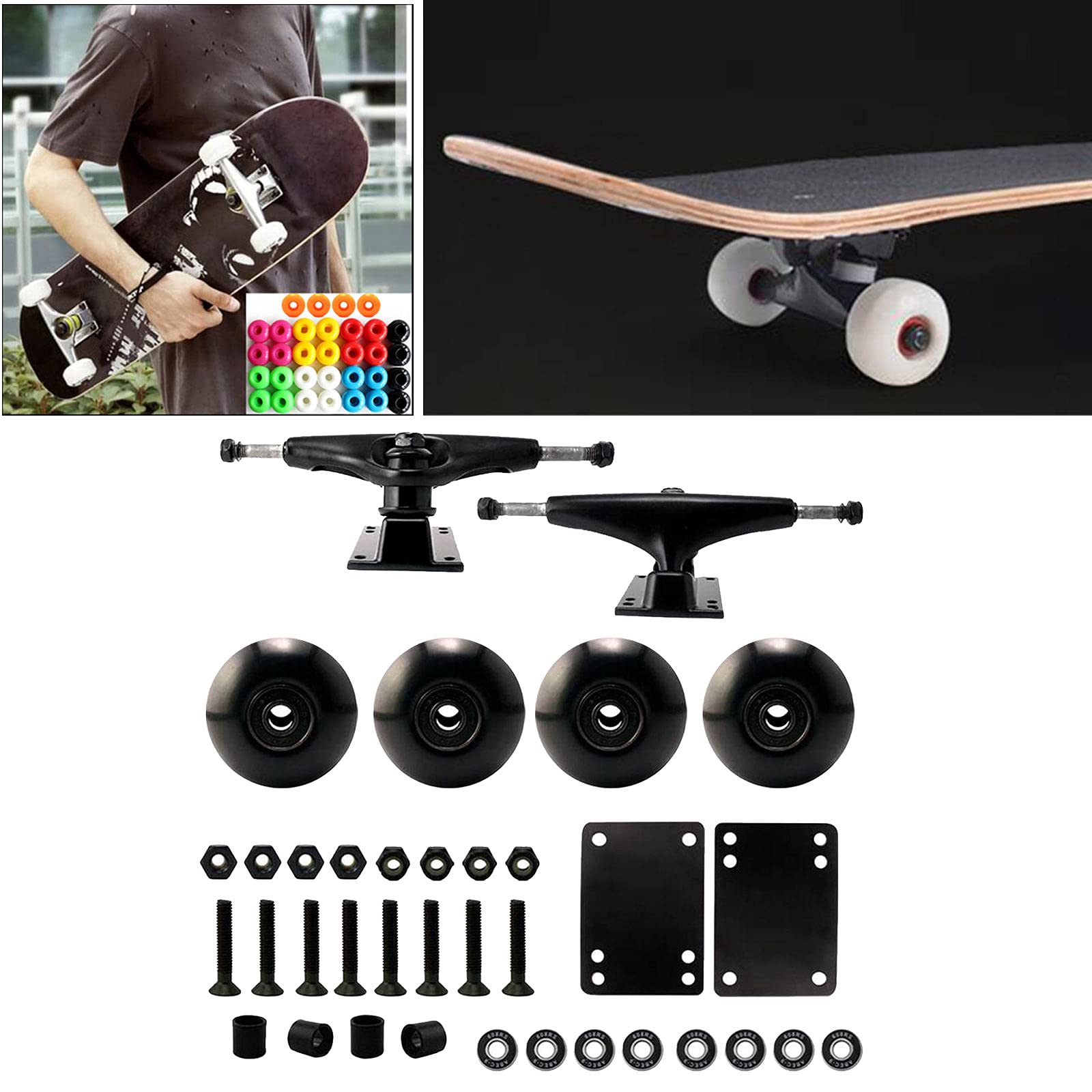 Accessoires de skateboard : 4 roulettes, 8 vis, 8 écrous, 8 roulements, 2 coussins, 4 douilles à personnaliser, comme cadeaux pour garçon