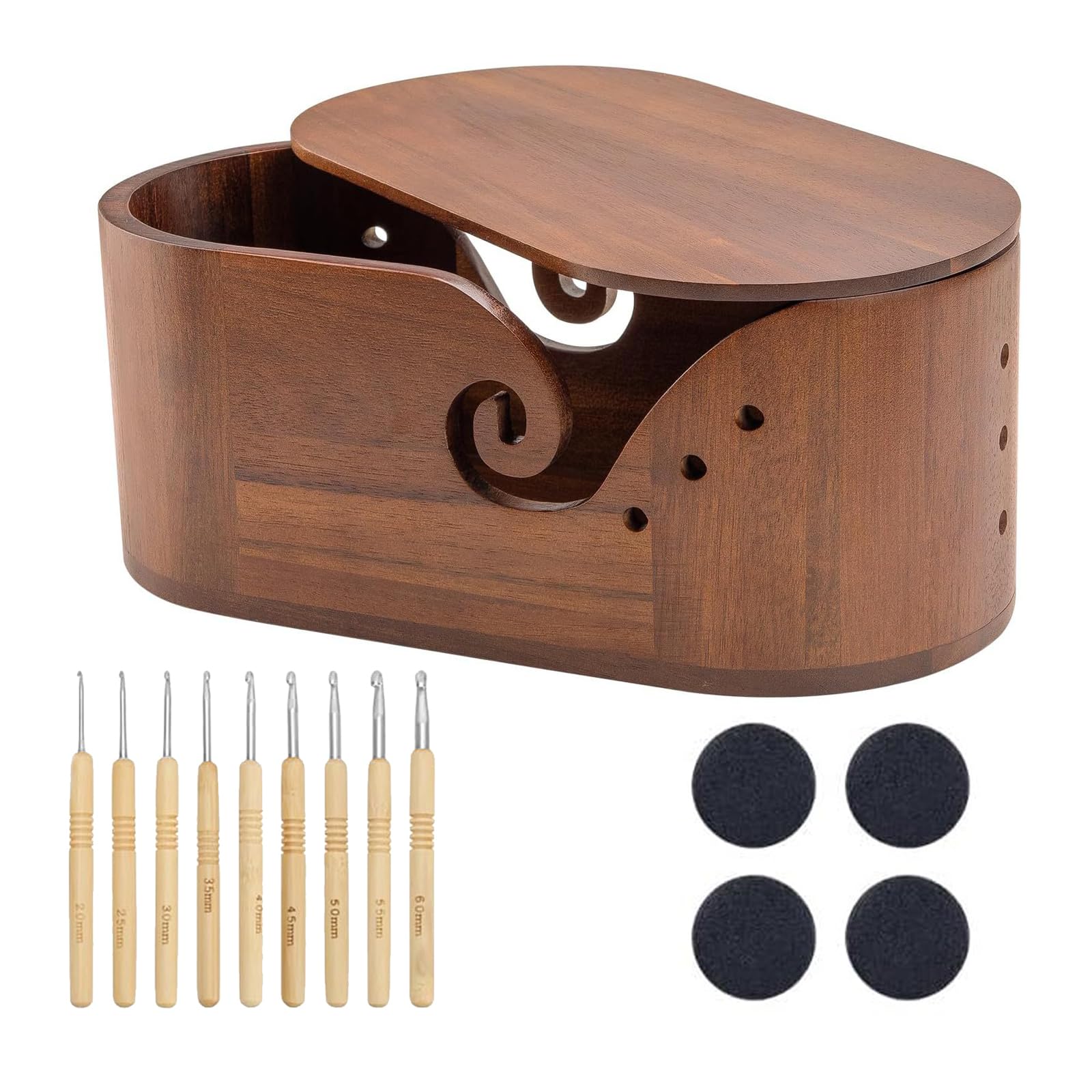 Msioytog Unique Wooden Knittimng Yarn Storage Box Featuring Detachable Lid and Helpful Crochet Hooks for Hobbyists Creative Yarn Storage Box