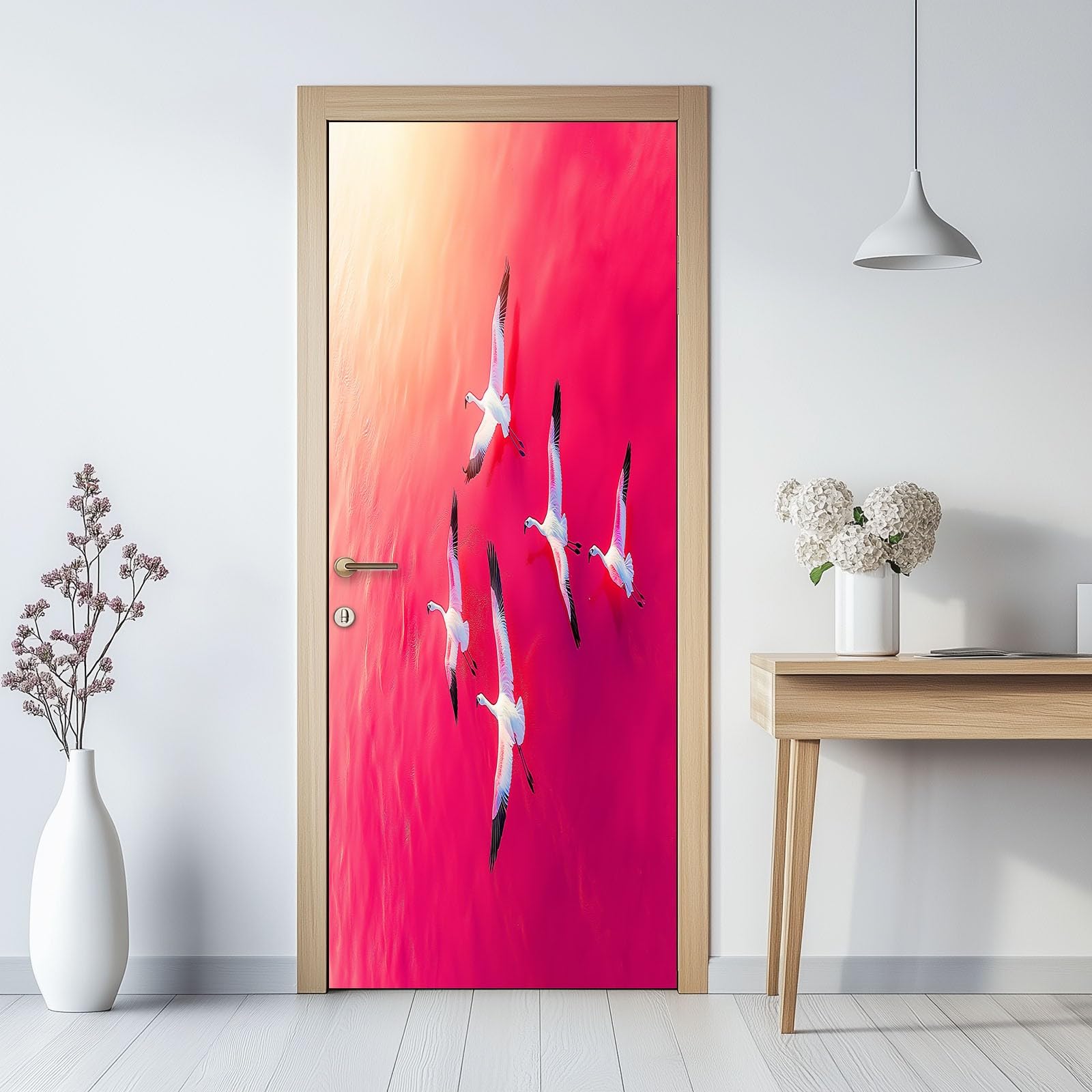 3D Door Stickers Murals Lake Birds Flamingo Creative Self Adhesive Sticker Decal Art, Red Decor Removable Waterproof Mural Poster Scene Window Door Room Nursery 85 x 215 cm (W x H)