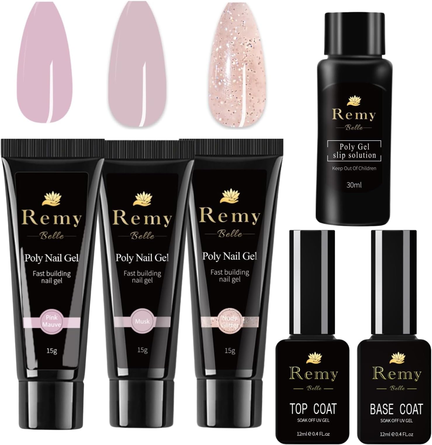 Remy Belle Poly Nail Gel Acrylic Kit - 3 Colors with Slip Solution Top Base Coat All One Kit for Nail Manicure DIY at Home (Natural)