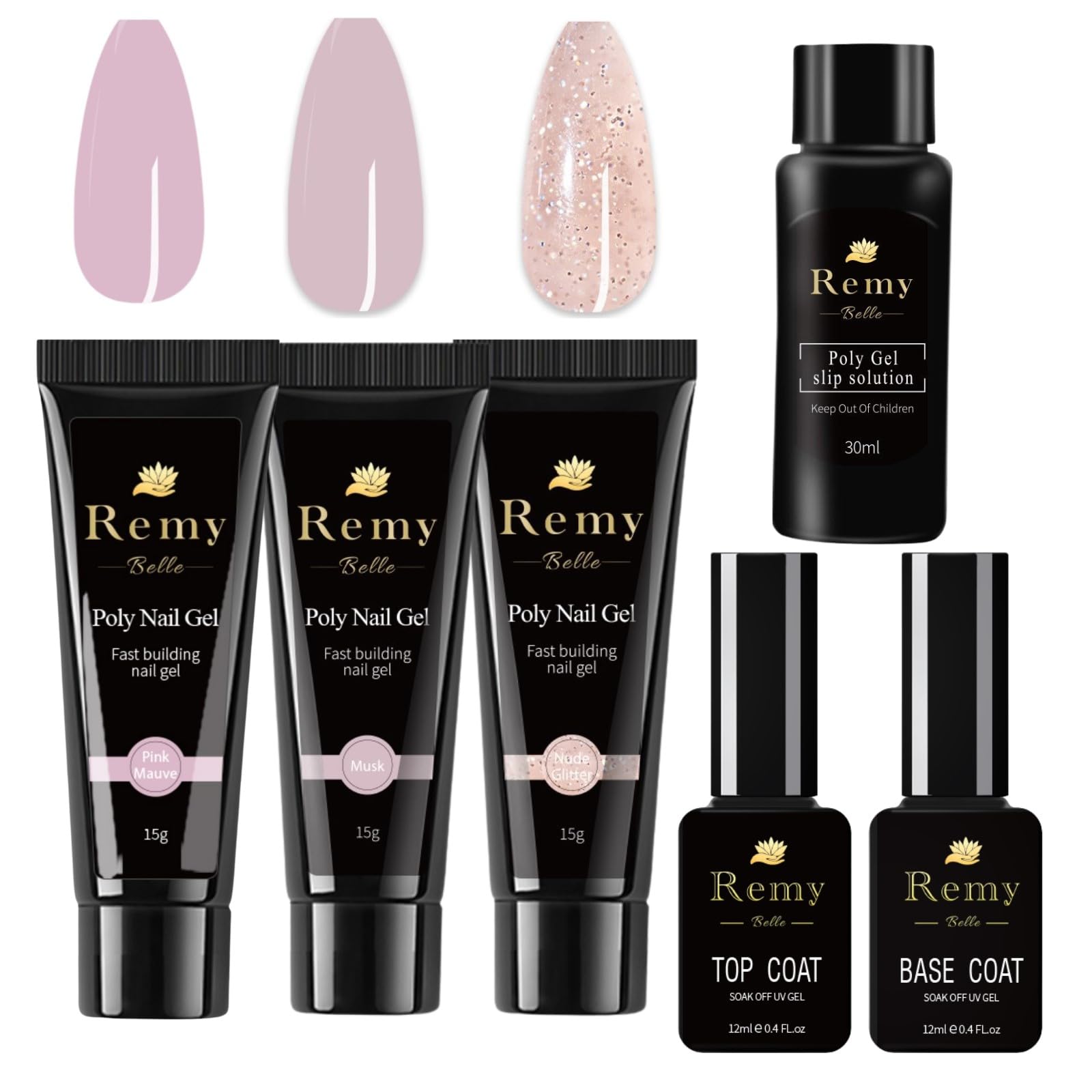 Remy Belle Poly Nail Gel Acrylic Kit - 3 Colors with Slip Solution Top Base Coat All One Kit for Nail Manicure DIY at Home (Natural)